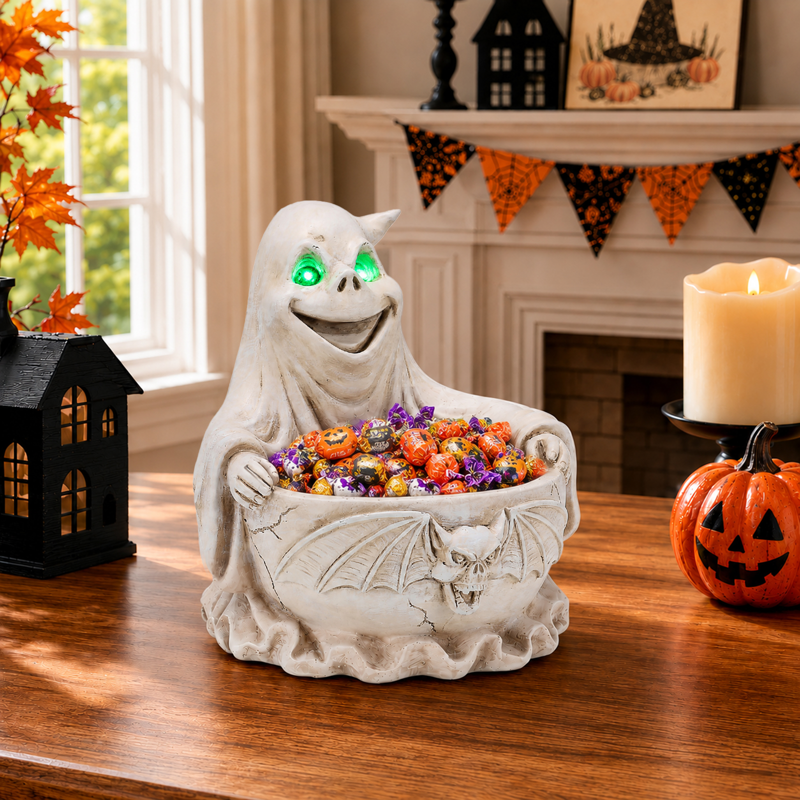 Halloween Ghost Storage Bowl Figurine, Spooky Candy Dish with LED Light for Halloween Party image 7