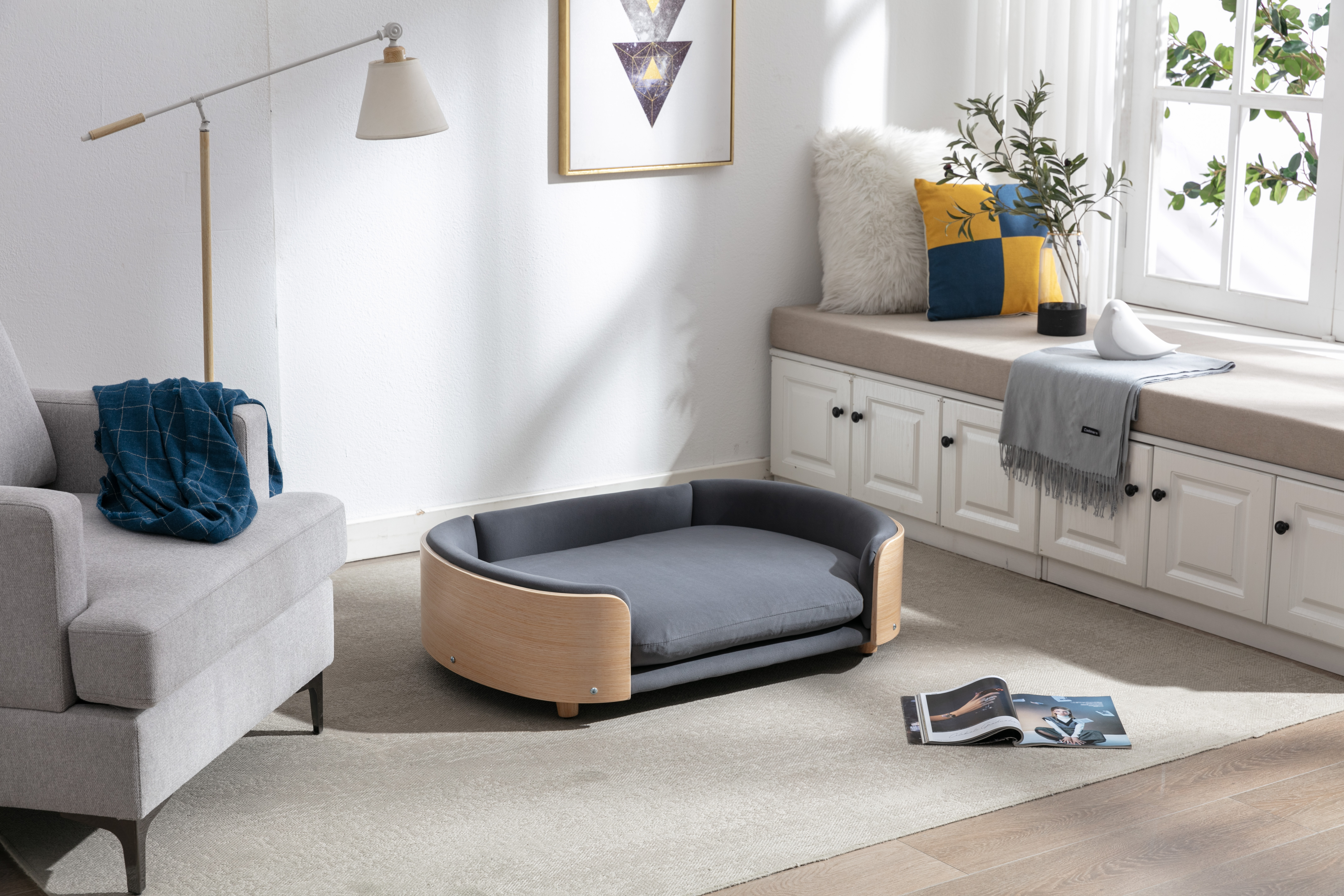 Scandinavian style Elevated Dog Bed Pet Sofa With Solid Wood legs and Bent Wood Back, Velvet Cushion,Large Size image 22