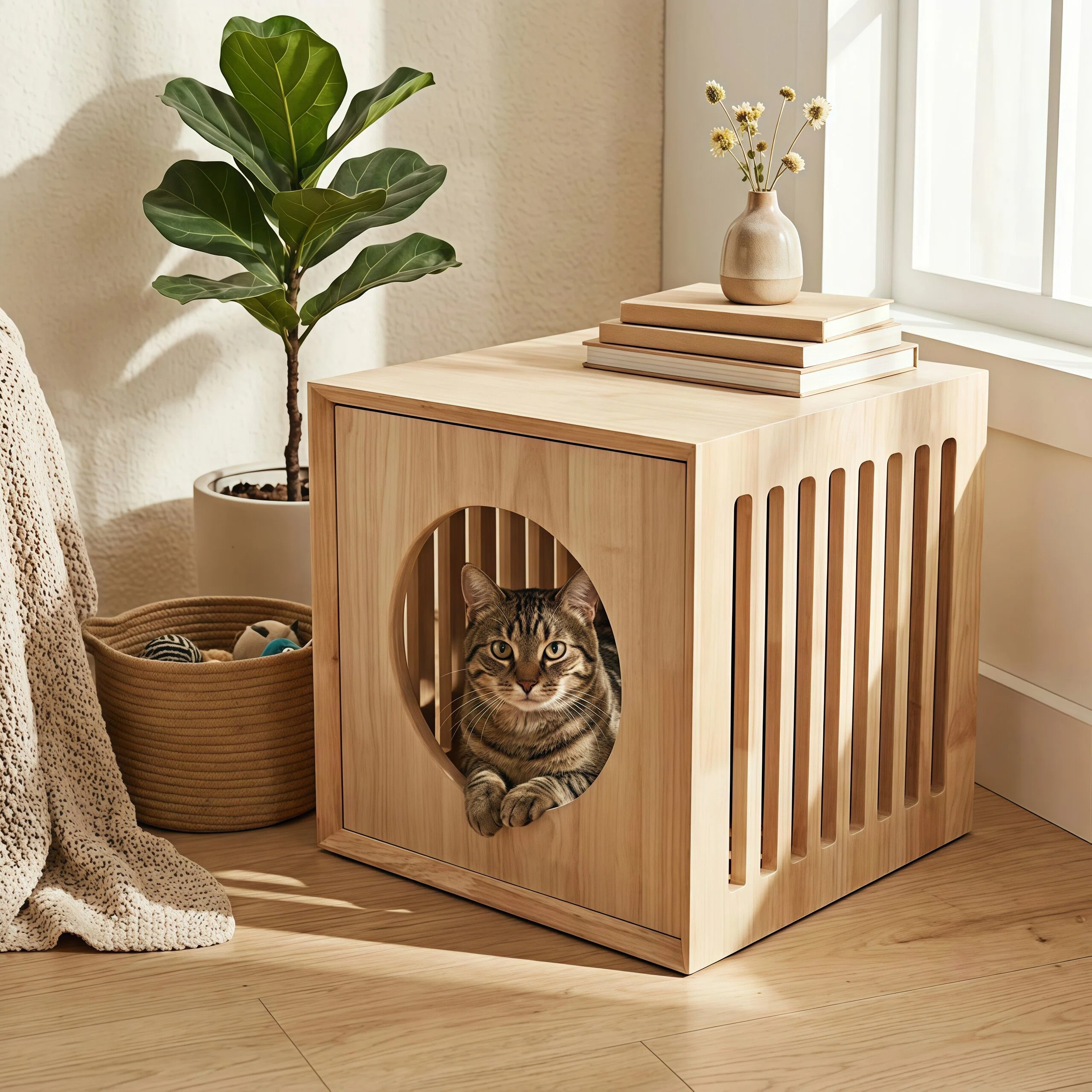 Solid Wood Rubberwood Pet Cat Bed