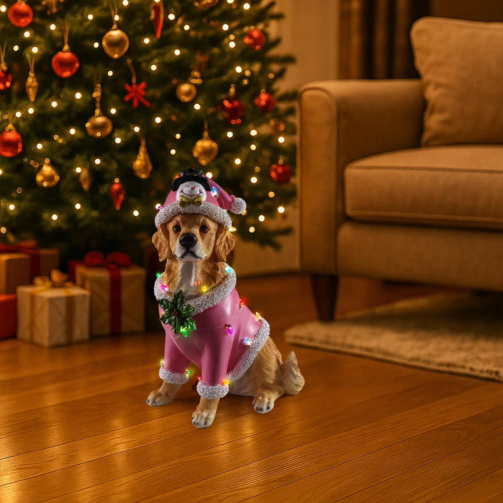 Christmas Golden Retriever Statue, Holiday Dog Figurine in Pink Santa Outfit image 5