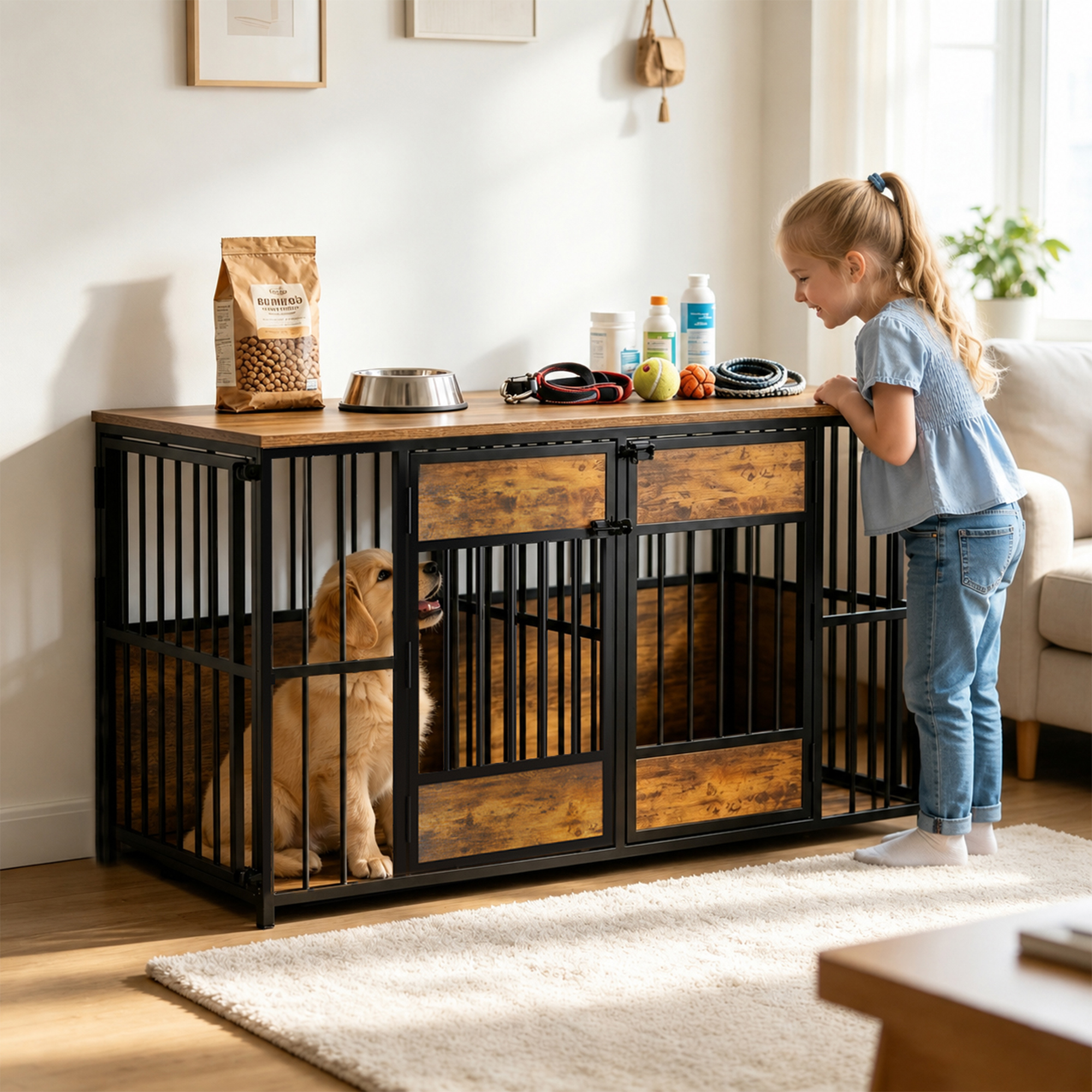 Wooden Dog Crate Furniture, Large Dog Kennel with Storage Top, Indoor Pet Cage image 2