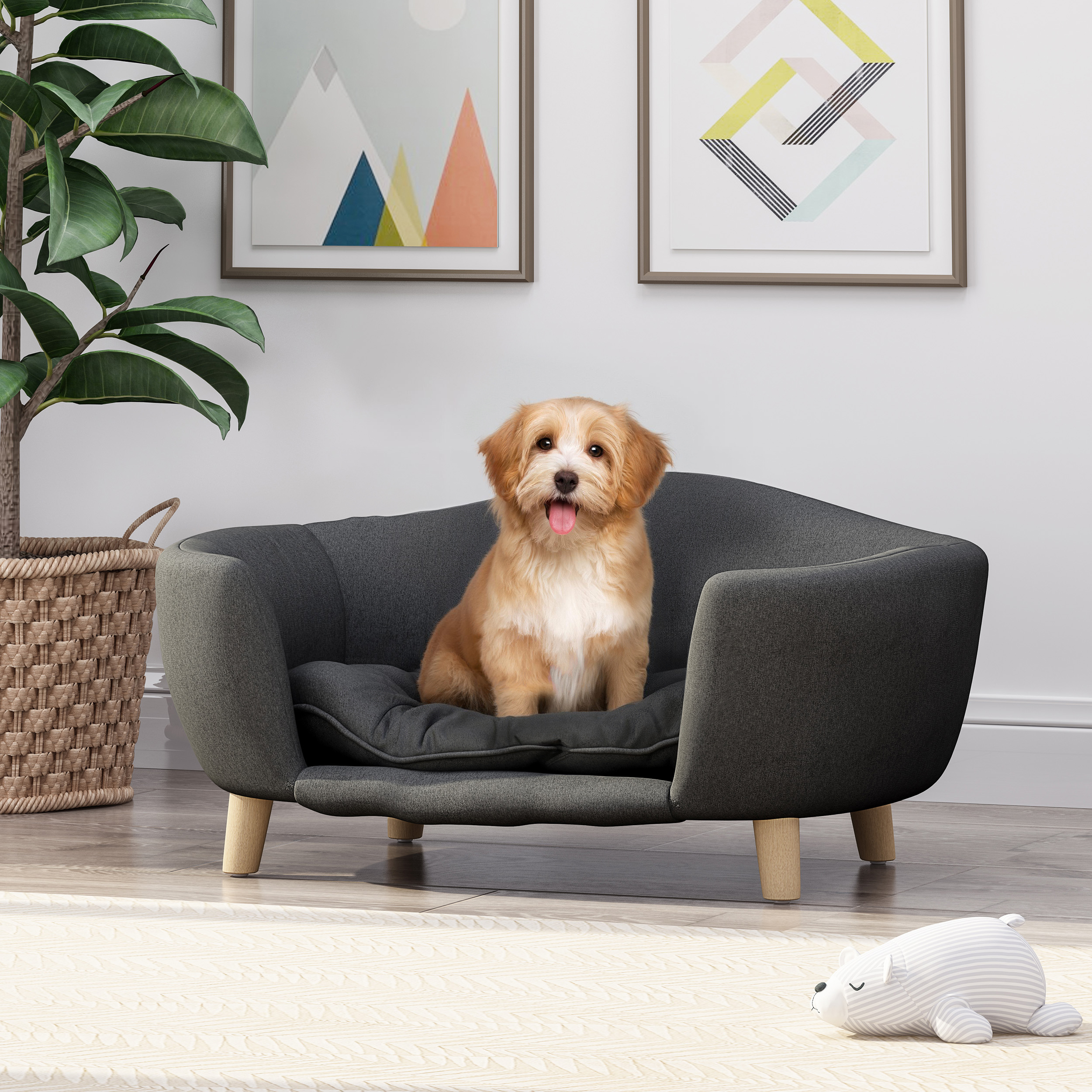 Elevated Dog Bed Frame for Small Dog, Fabric Pet Couch Bed with Rubber Wood Legs and Supportive Foam, Dark Gray, Easy Assembly image 9