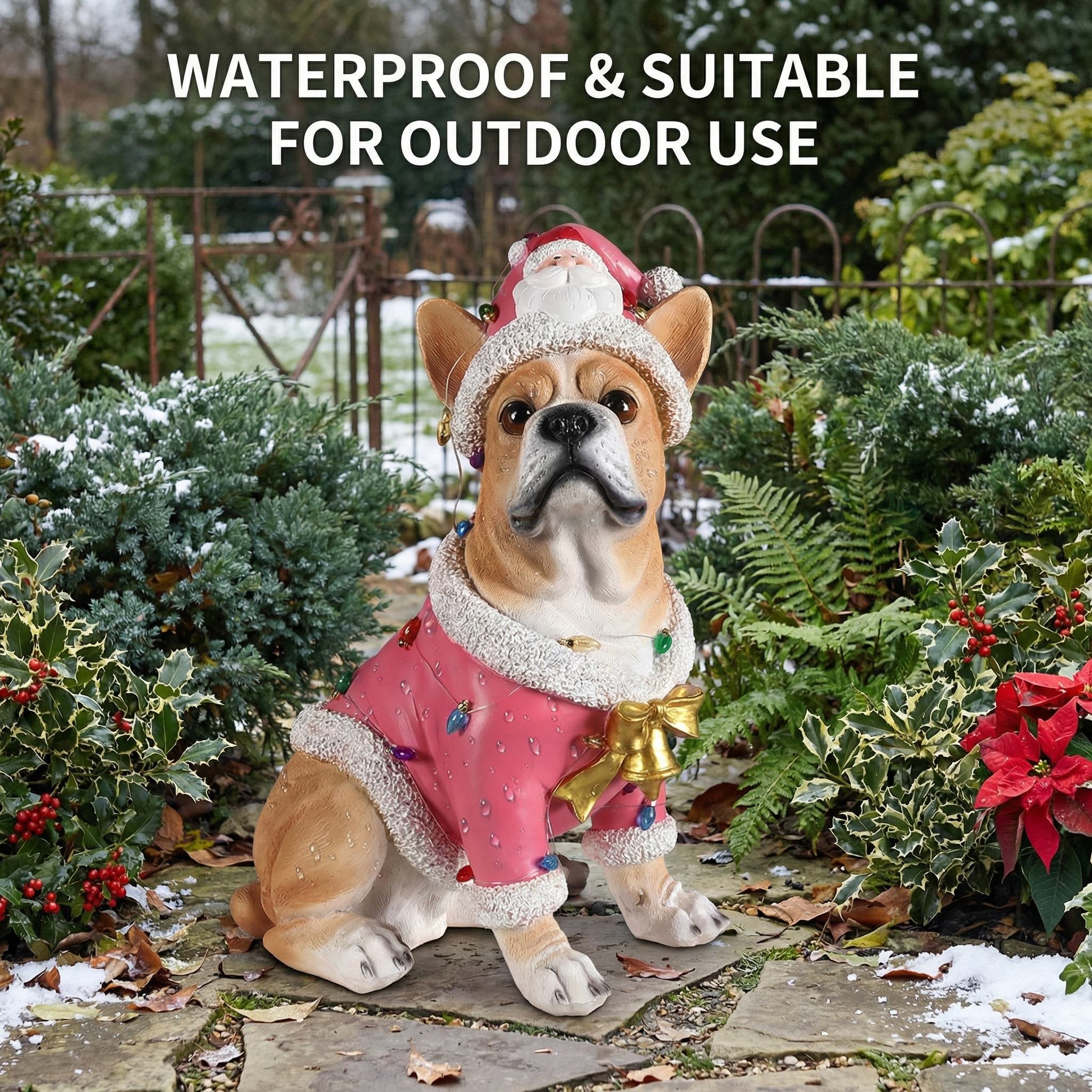 Christmas French Bulldog Statue,Holiday Dog Figurine in Pink Santa Outfit image 16