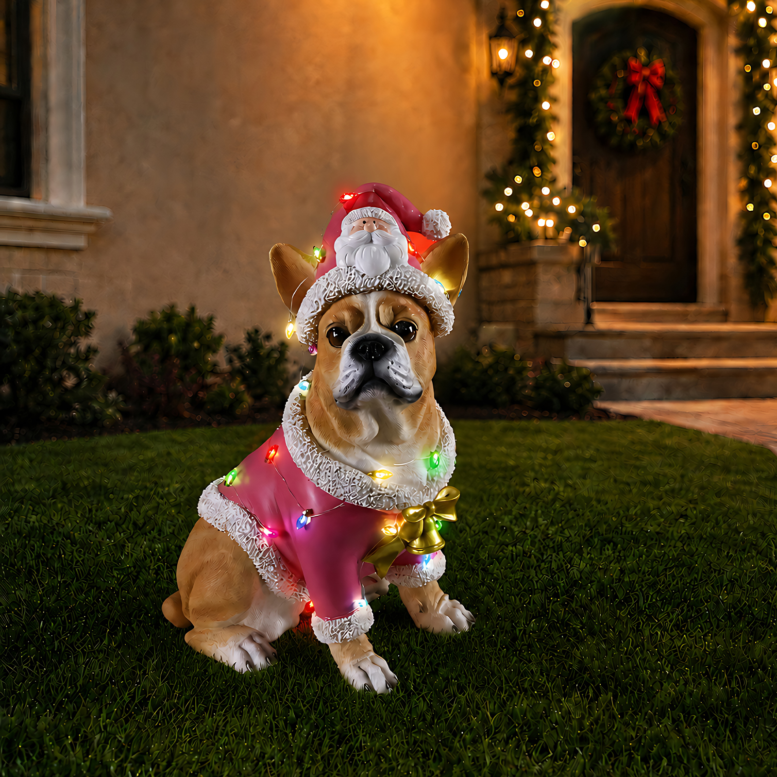 Christmas French Bulldog Statue,Holiday Dog Figurine in Pink Santa Outfit image 3