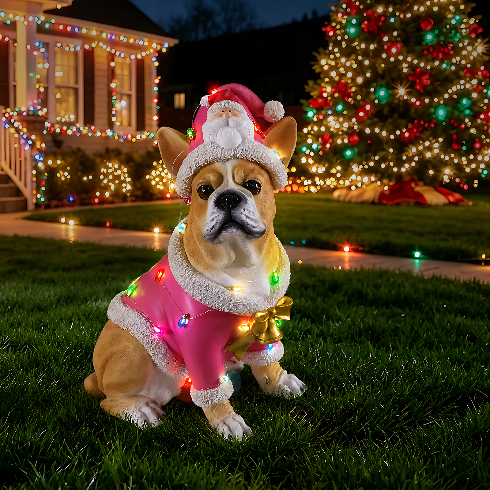 Christmas French Bulldog Statue,Holiday Dog Figurine in Pink Santa Outfit image 19