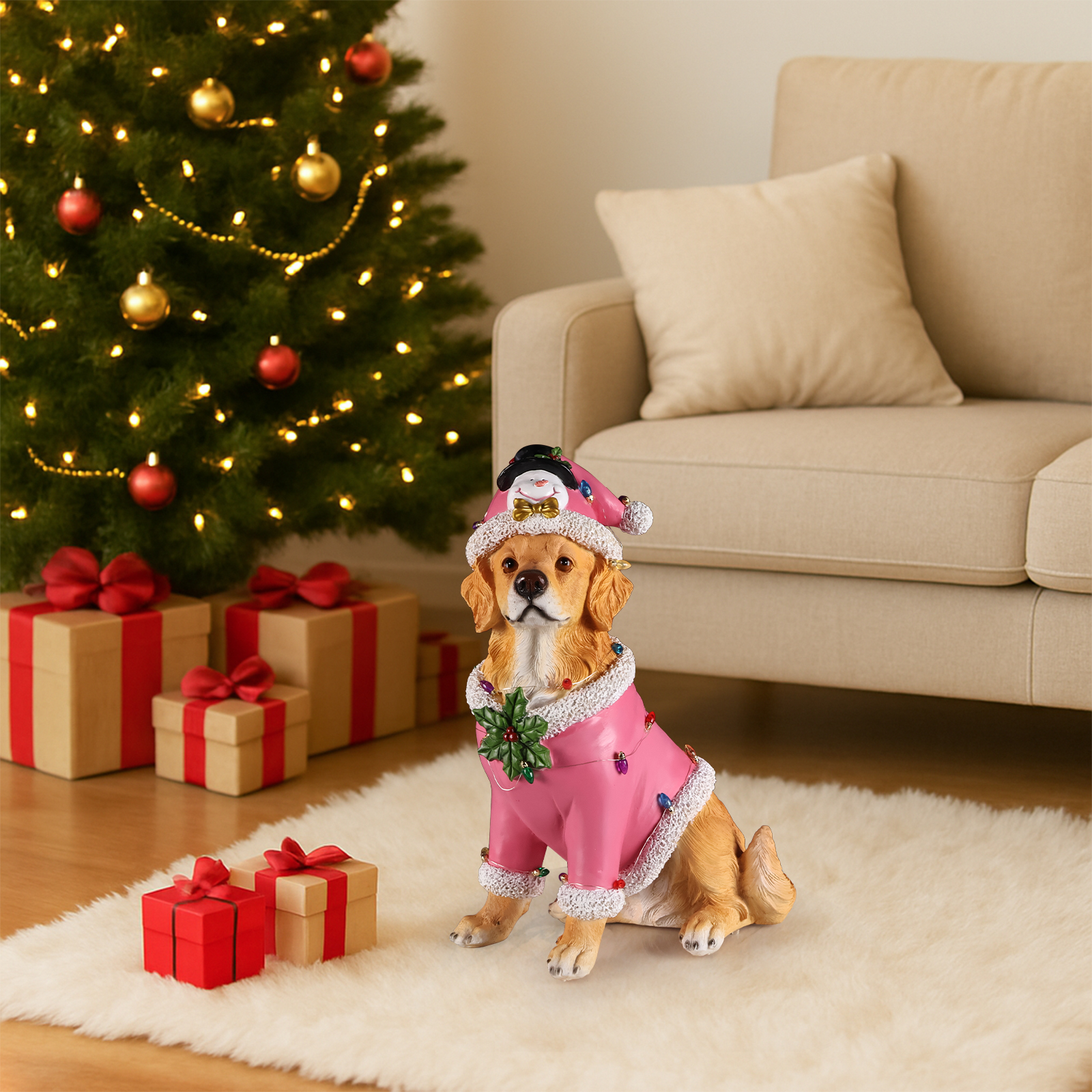 Christmas Golden Retriever Statue, Holiday Dog Figurine in Pink Santa Outfit image 27