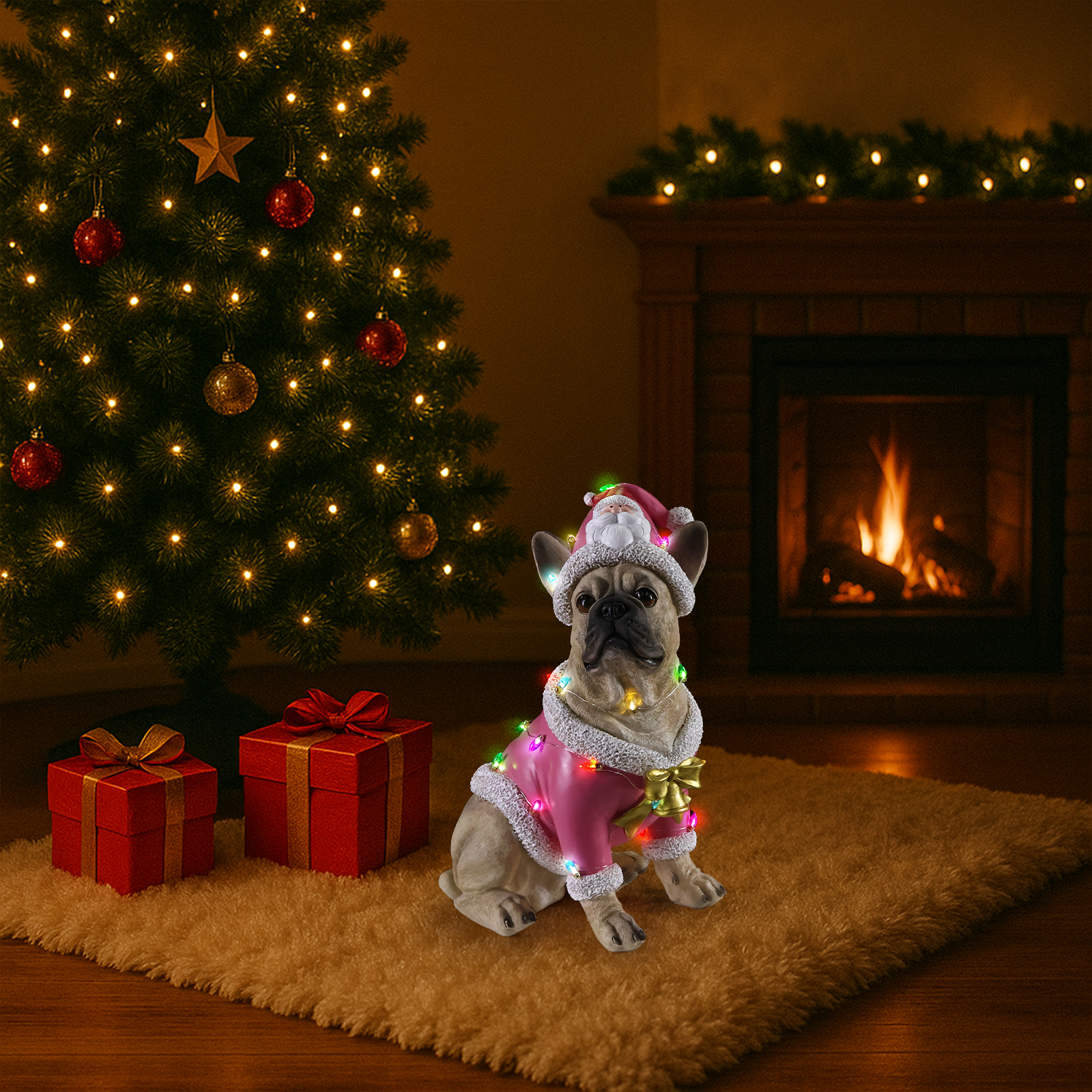 Christmas French Bulldog Statue,  Holiday Dog Figurine in Pink Santa Outfit, Festive Christmas Home Décor image 12