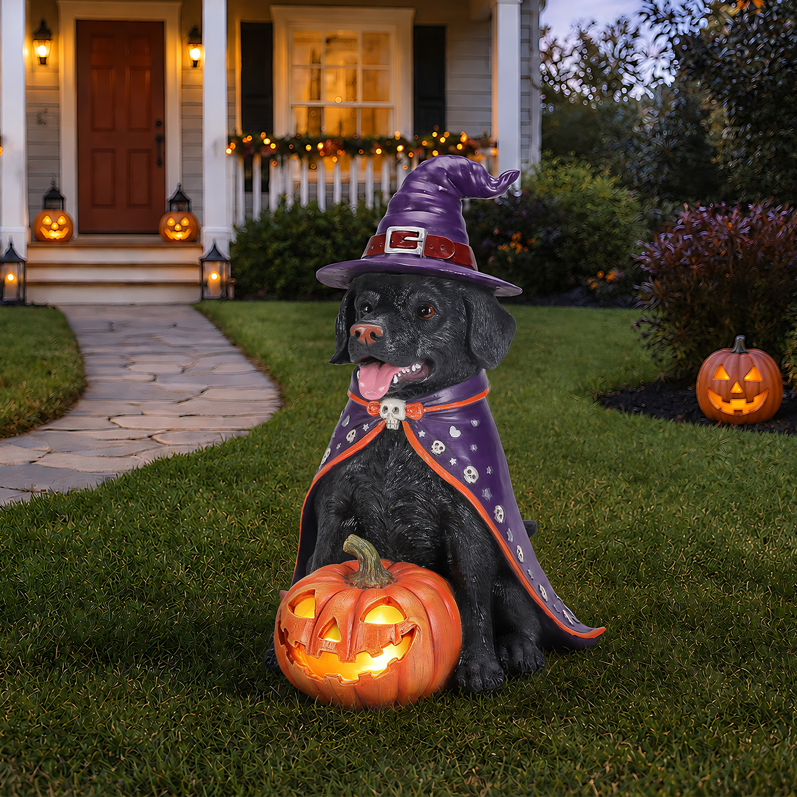 Halloween Black Labrador Retriever Dog Statue, Large Sitting Dog Figurine with Witch Hat & Cape, LED Light Up Jack-O-Lantern Pumpkin image 10