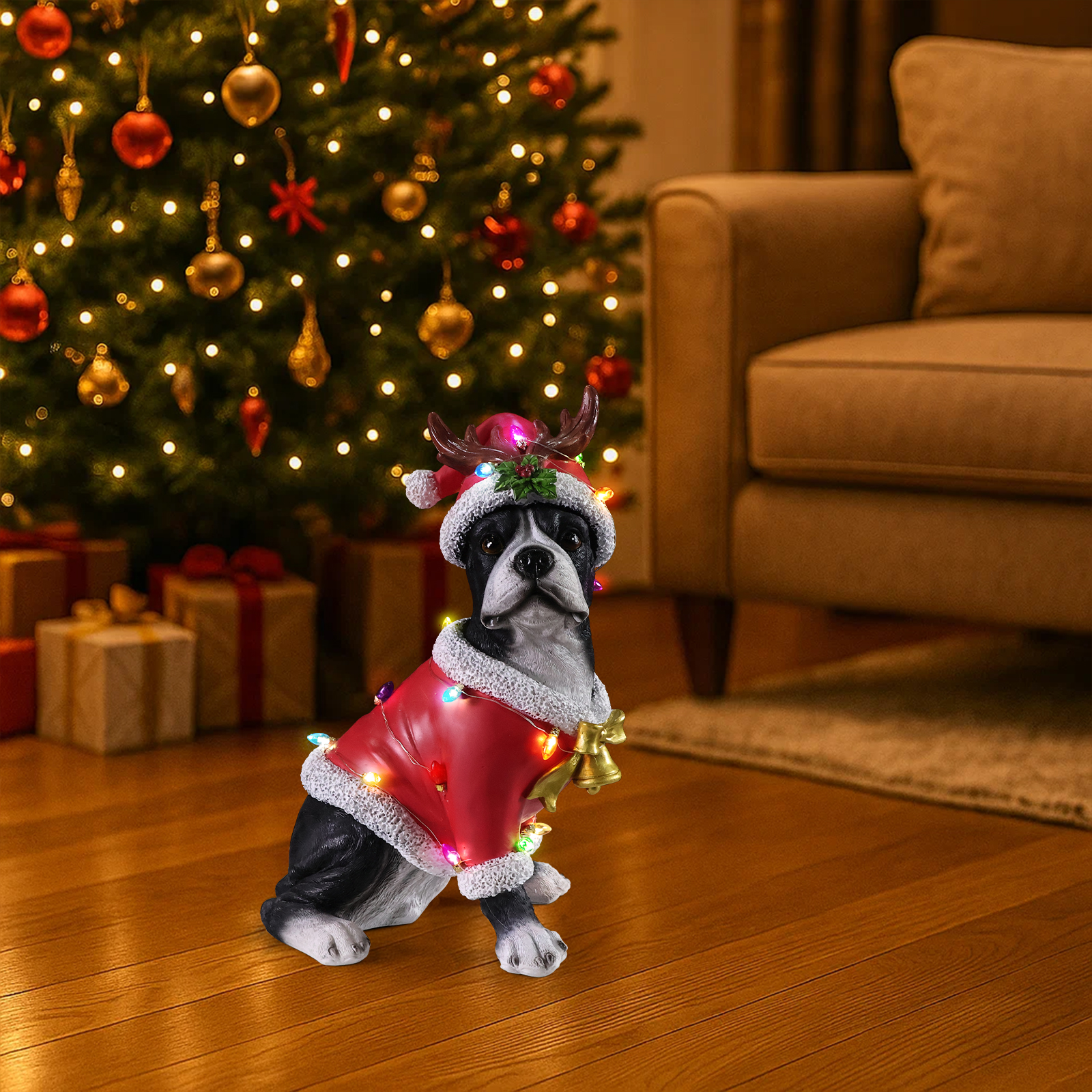 Christmas Boston Terrier Statue, Holiday Dog Figurine in Santa Outfit image 15