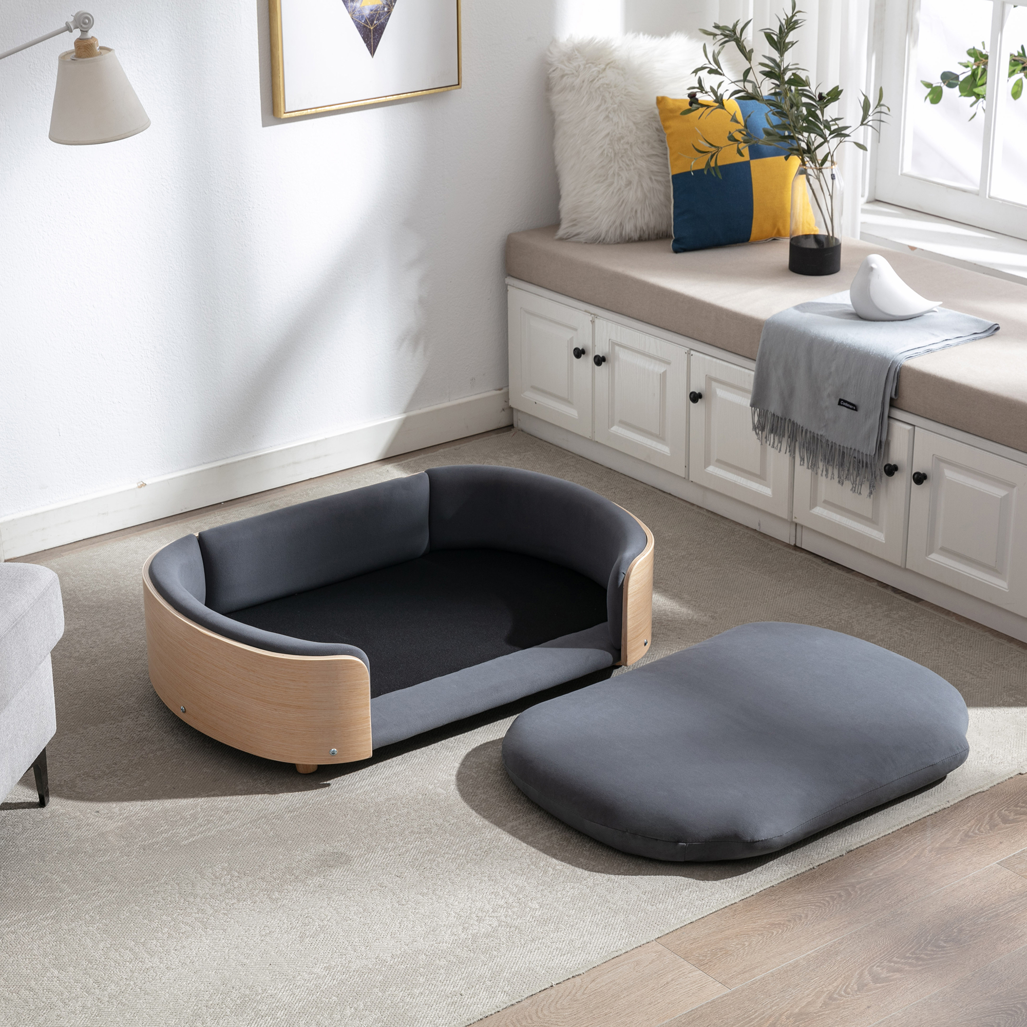 Scandinavian style Elevated Dog Bed Pet Sofa With Solid Wood legs and Bent Wood Back, Velvet Cushion,Large Size image 18