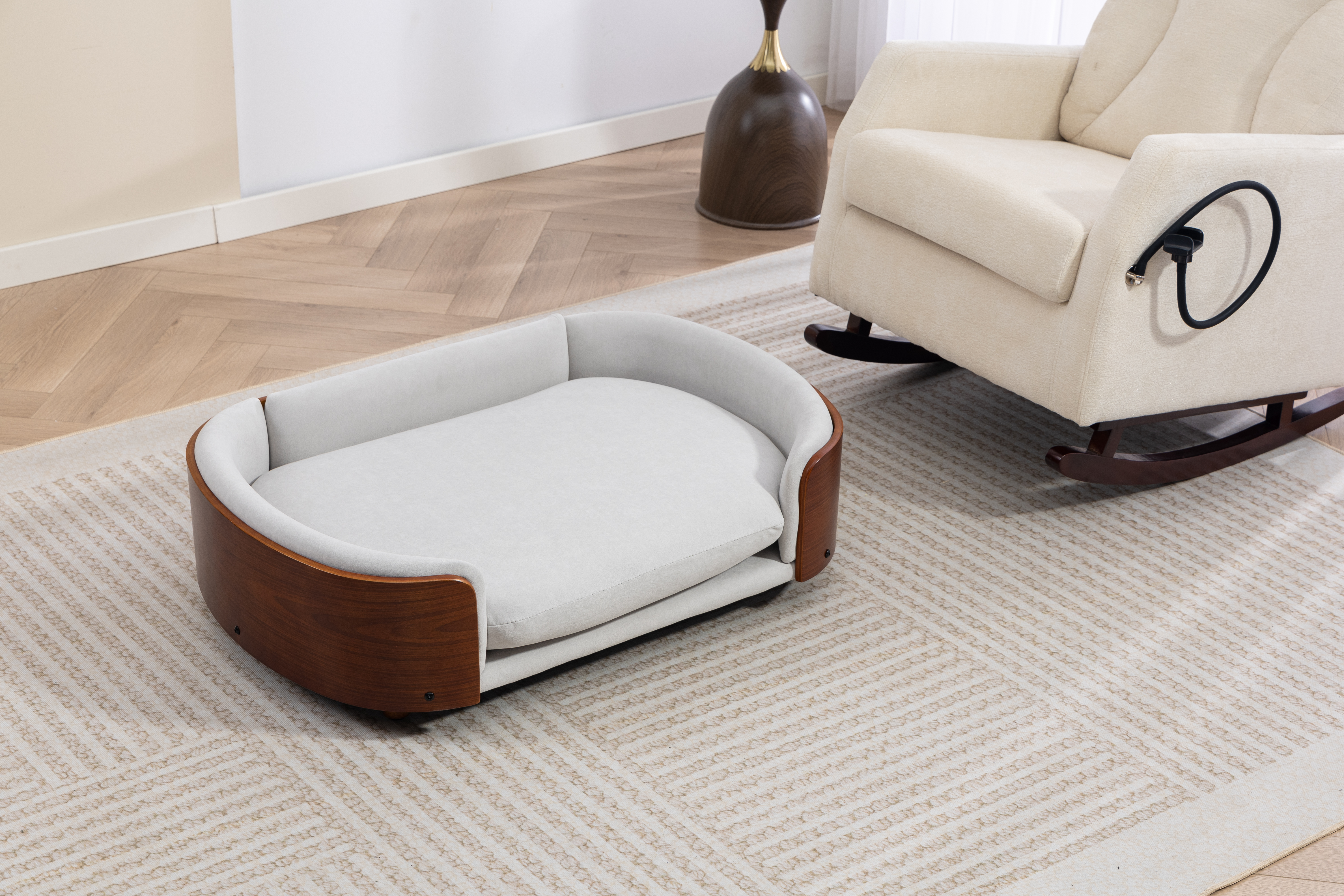 Scandinavian style Elevated Dog Bed Pet Sofa With Solid Wood legs and Walnut Bent Wood Back, Velvet Light Gray,Large Size image 8
