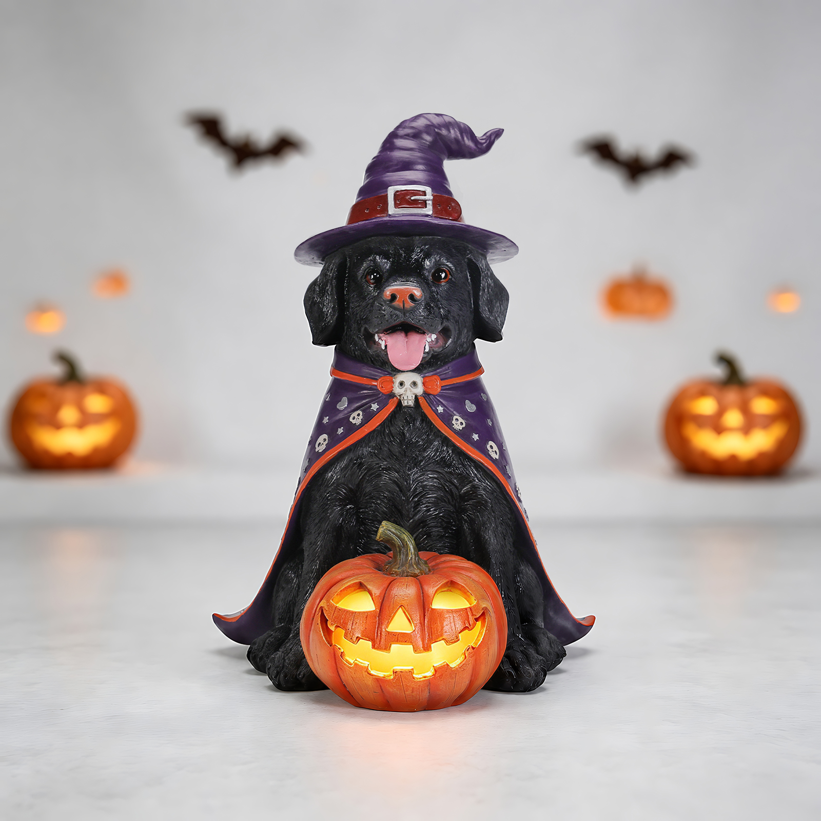 Halloween Black Labrador Retriever Dog Statue, Large Sitting Dog Figurine with Witch Hat & Cape, LED Light Up Jack-O-Lantern Pumpkin image 9