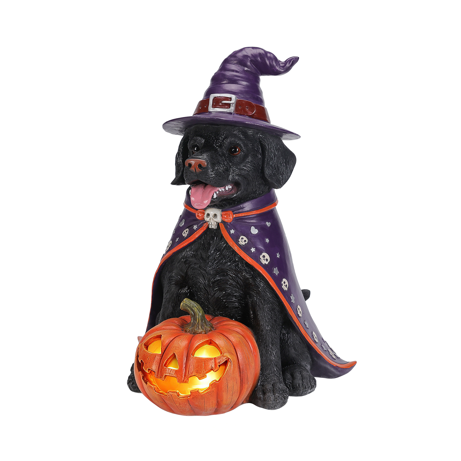 Halloween Black Labrador Retriever Dog Statue, Large Sitting Dog Figurine with Witch Hat & Cape, LED Light Up Jack-O-Lantern Pumpkin image 16