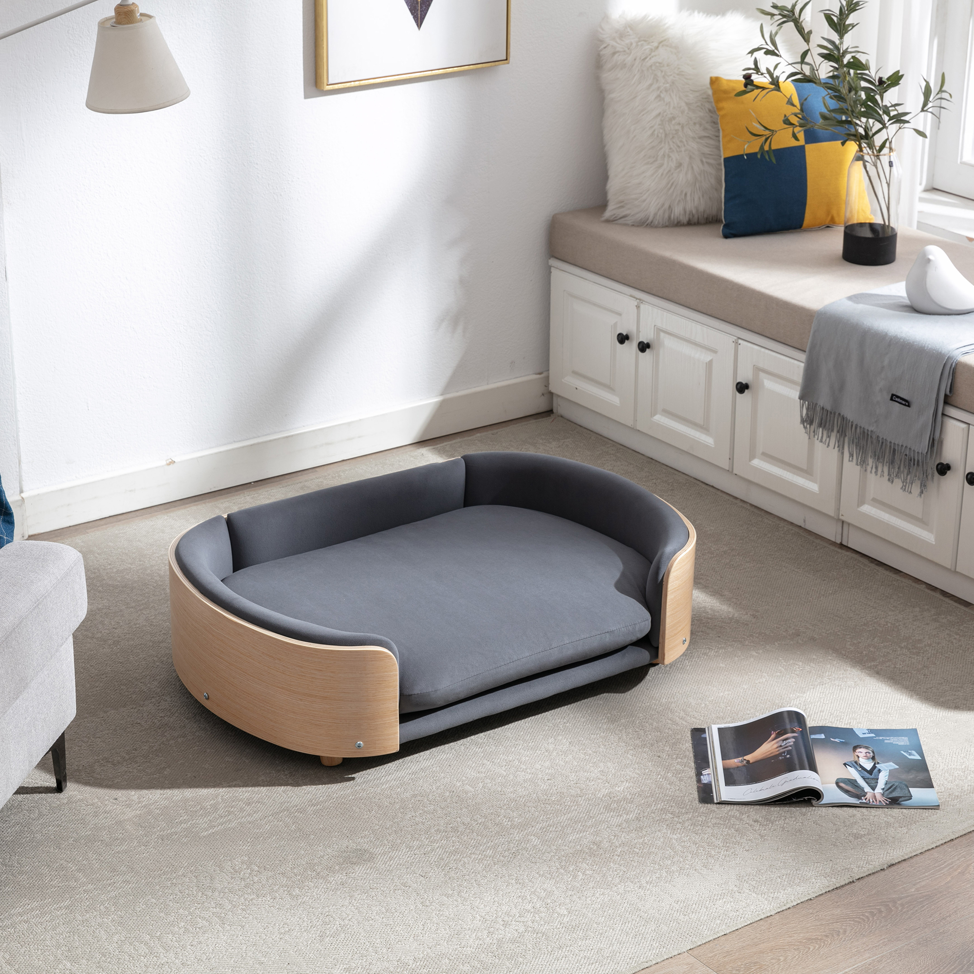 Scandinavian style Elevated Dog Bed Pet Sofa With Solid Wood legs and Bent Wood Back, Velvet Cushion,Large Size image 8