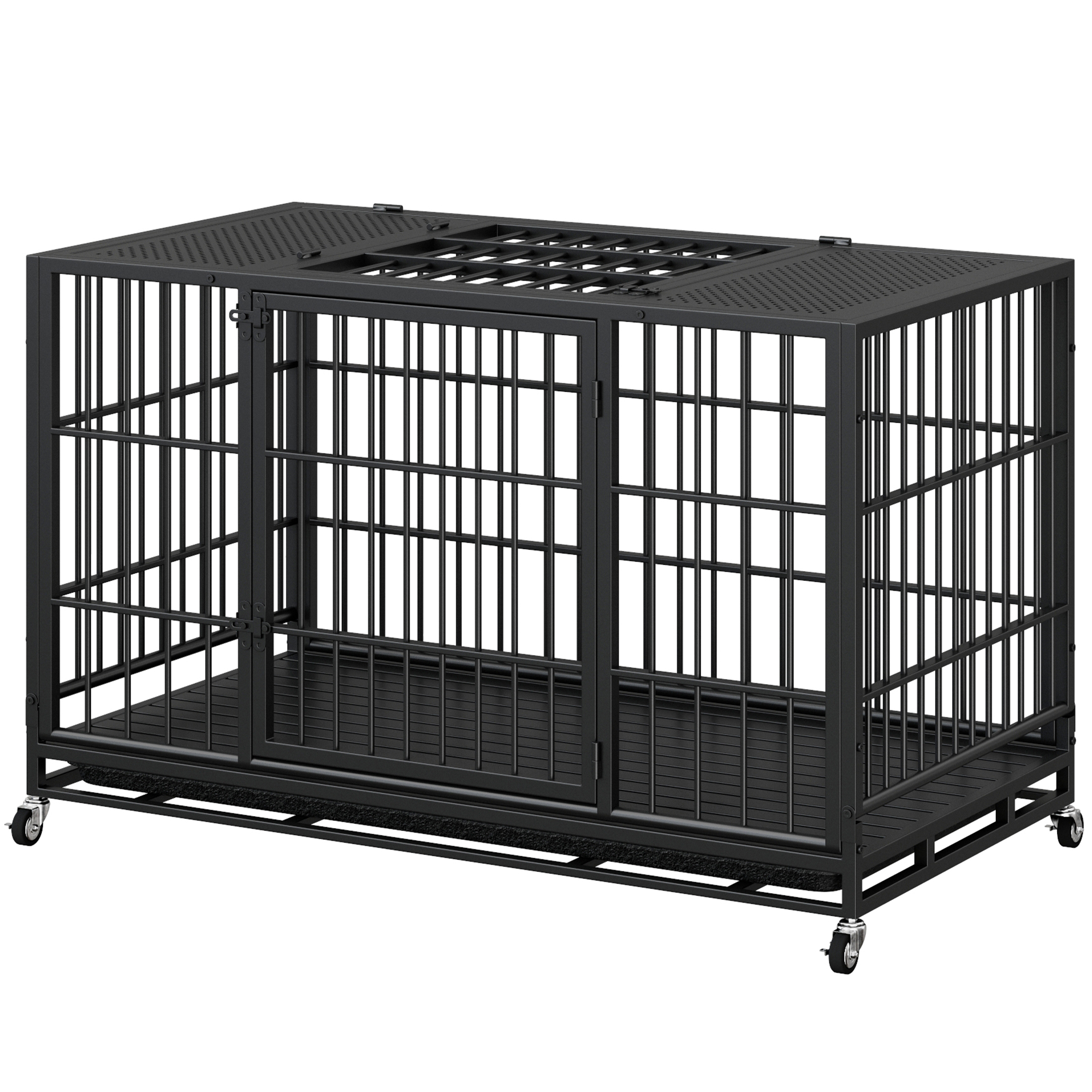 Heavy Duty Dog Crate , Mobile Pet Kennel with Lockable Wheels & Rotary Twist-Latch, Indoor Outdoor Metal Cage with Perforated Top image 11
