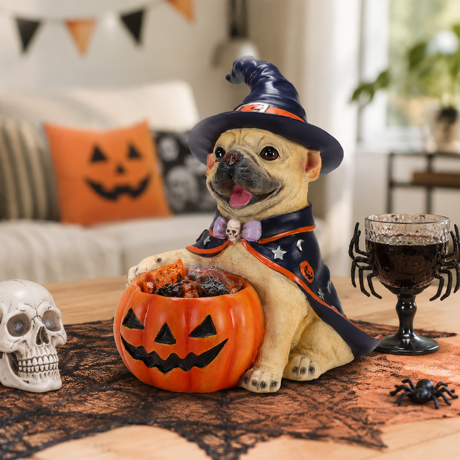 Halloween Frenchie Witch Puppy Figurine, Cute Dog Holding Pumpkin Candy Bowl Decoration image 15