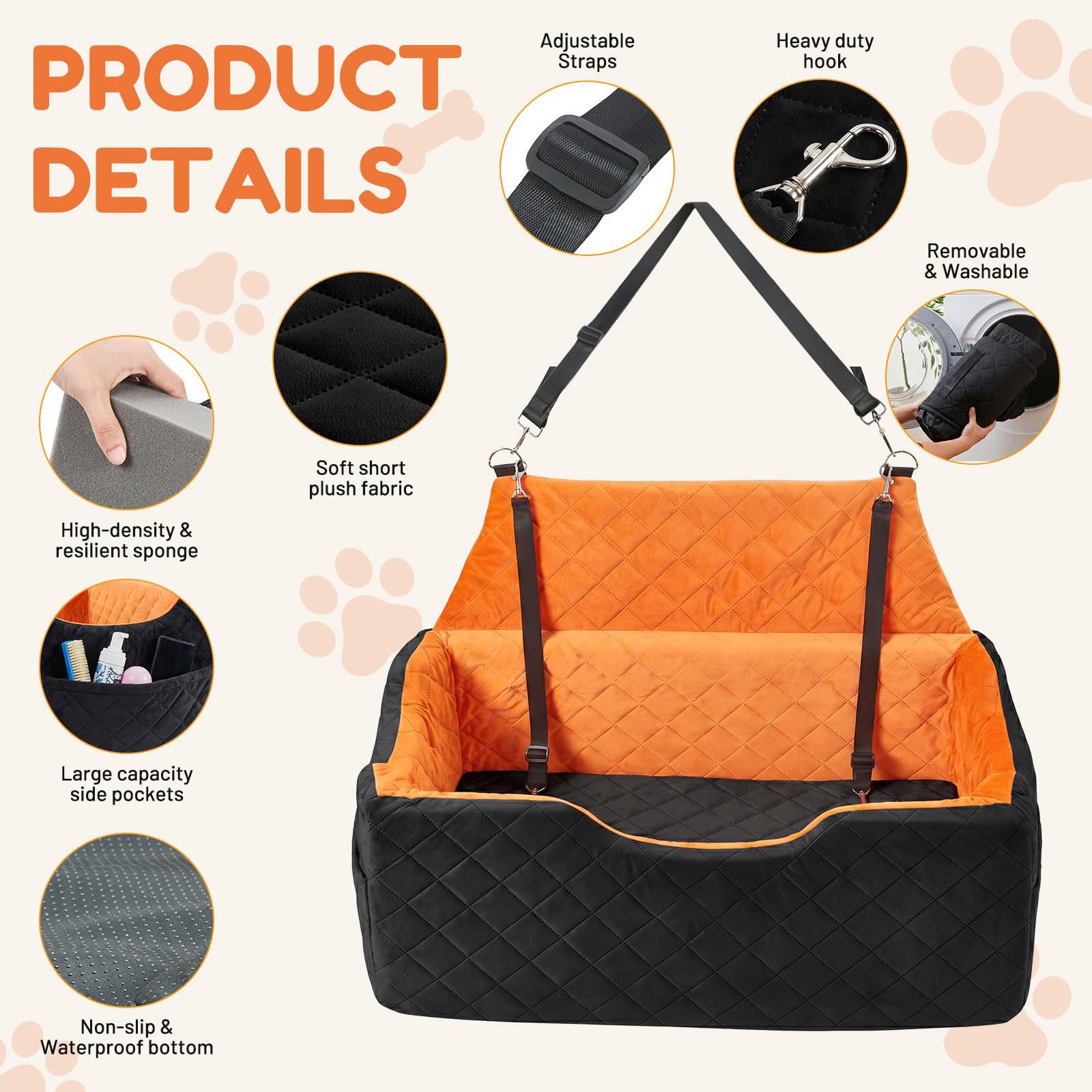 Dog Car Seat For Large Medium Dogs , Memory Foam Dog Booster Seat With Storage Pocket, 2 Safety Leashes,Washable Cover, Portable Anxiety Pet Travel Bed, Black image 8