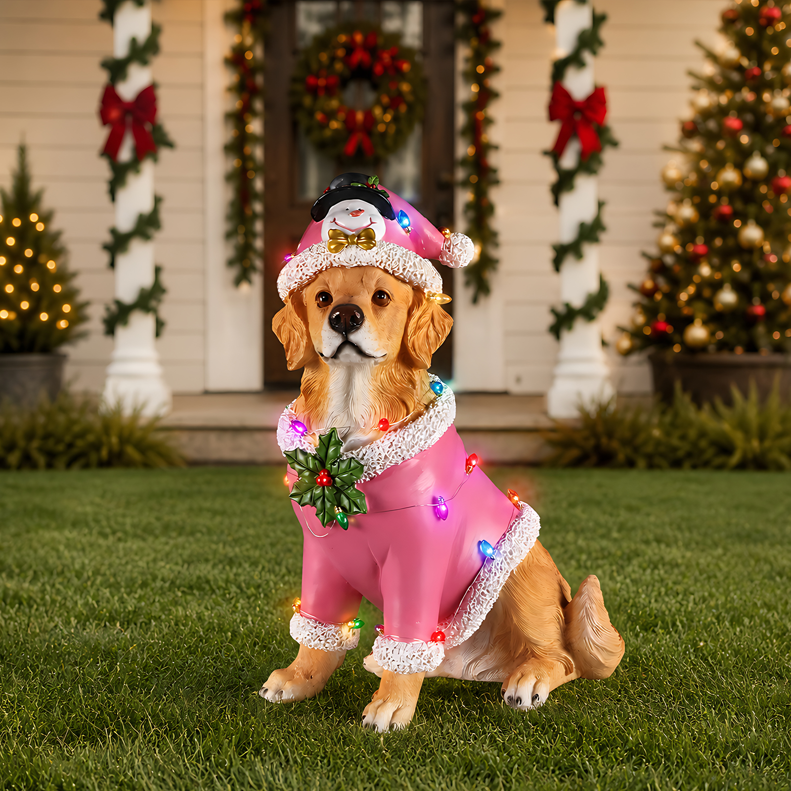 Christmas Golden Retriever Statue, Holiday Dog Figurine in Pink Santa Outfit image 3