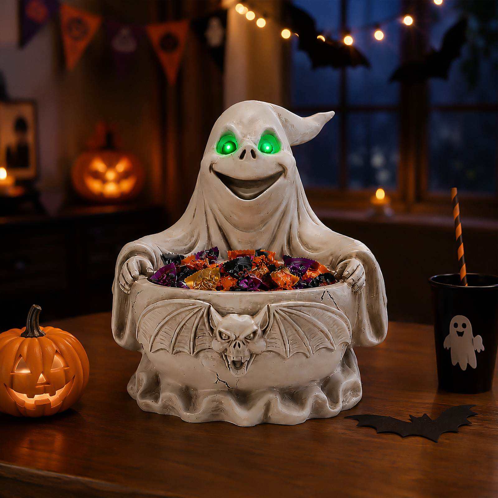 Halloween Ghost Storage Bowl Figurine, Spooky Candy Dish with LED Light for Halloween Party image 10
