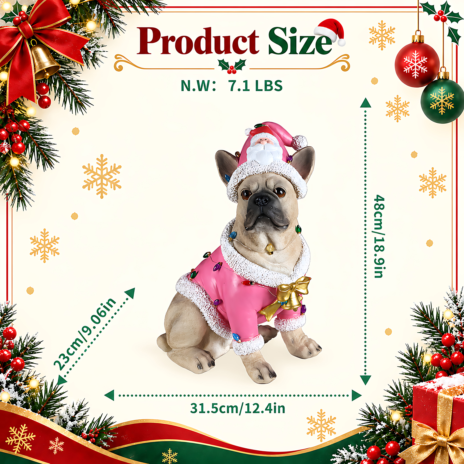 Christmas French Bulldog Statue,  Holiday Dog Figurine in Pink Santa Outfit, Festive Christmas Home Décor