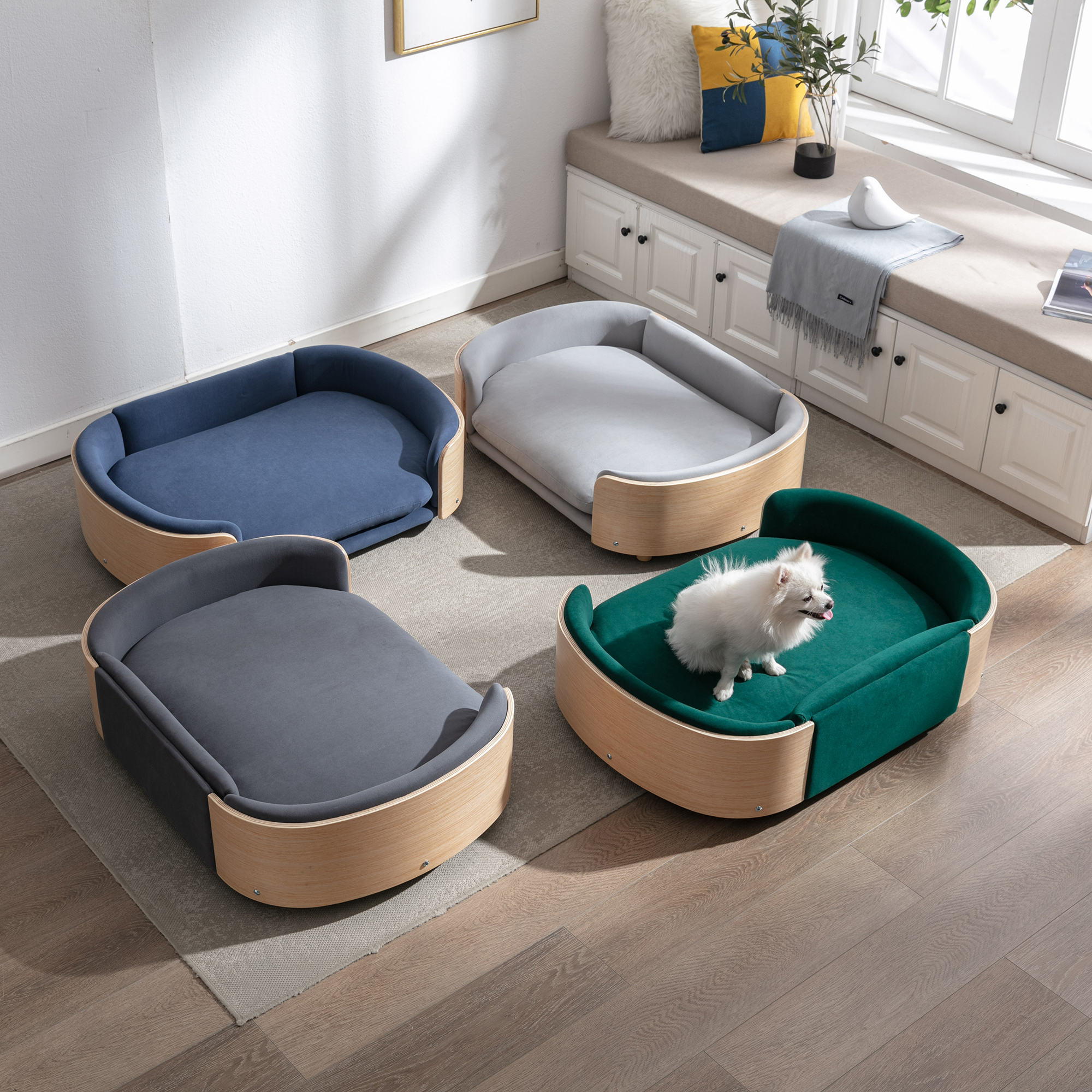 Scandinavian style Elevated Dog Bed Pet Sofa With Solid Wood legs and Bent Wood Back, Velvet Cushion,Large Size image 11