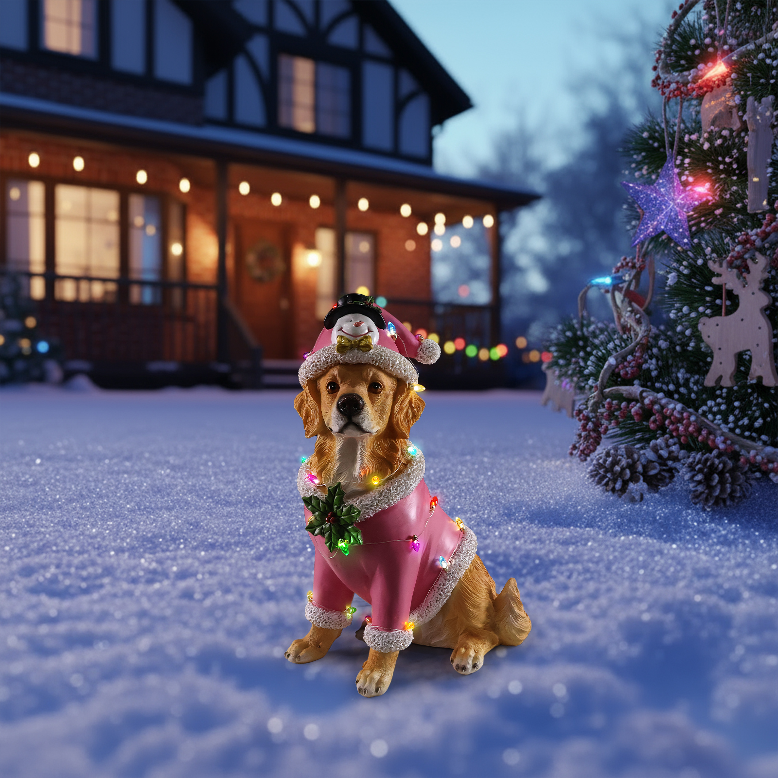 Christmas Golden Retriever Statue, Holiday Dog Figurine in Pink Santa Outfit image 28