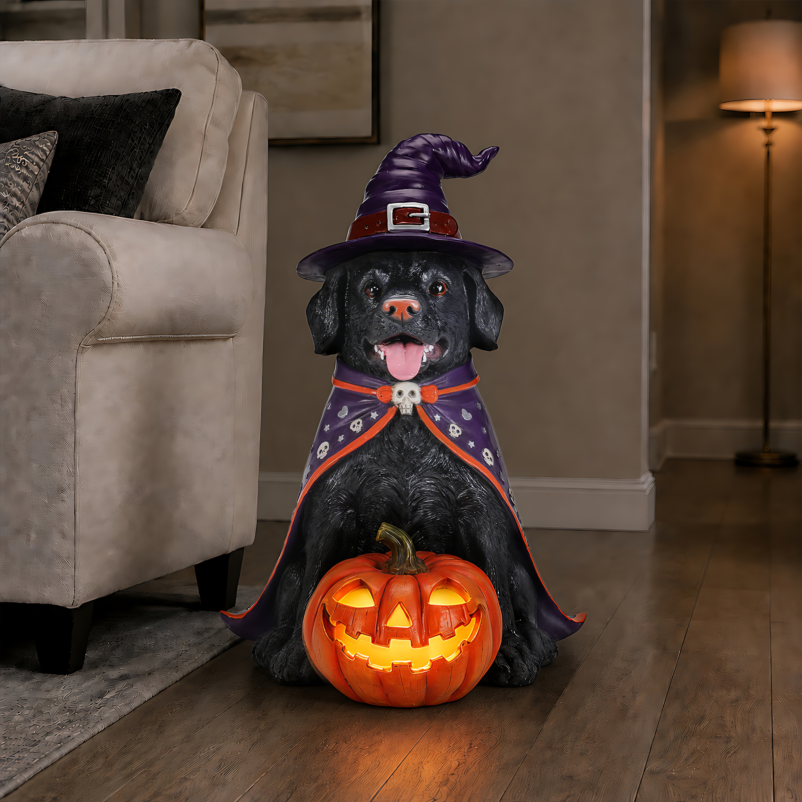 Halloween Black Labrador Retriever Dog Statue, Large Sitting Dog Figurine with Witch Hat & Cape, LED Light Up Jack-O-Lantern Pumpkin image 4