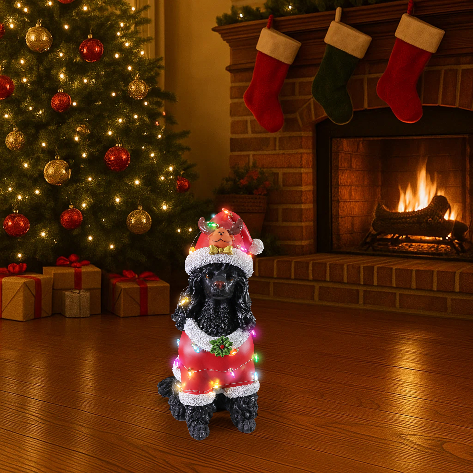 Christmas Black Poodle Statue, Holiday Dog Figurine in Red Santa Outfit image 5