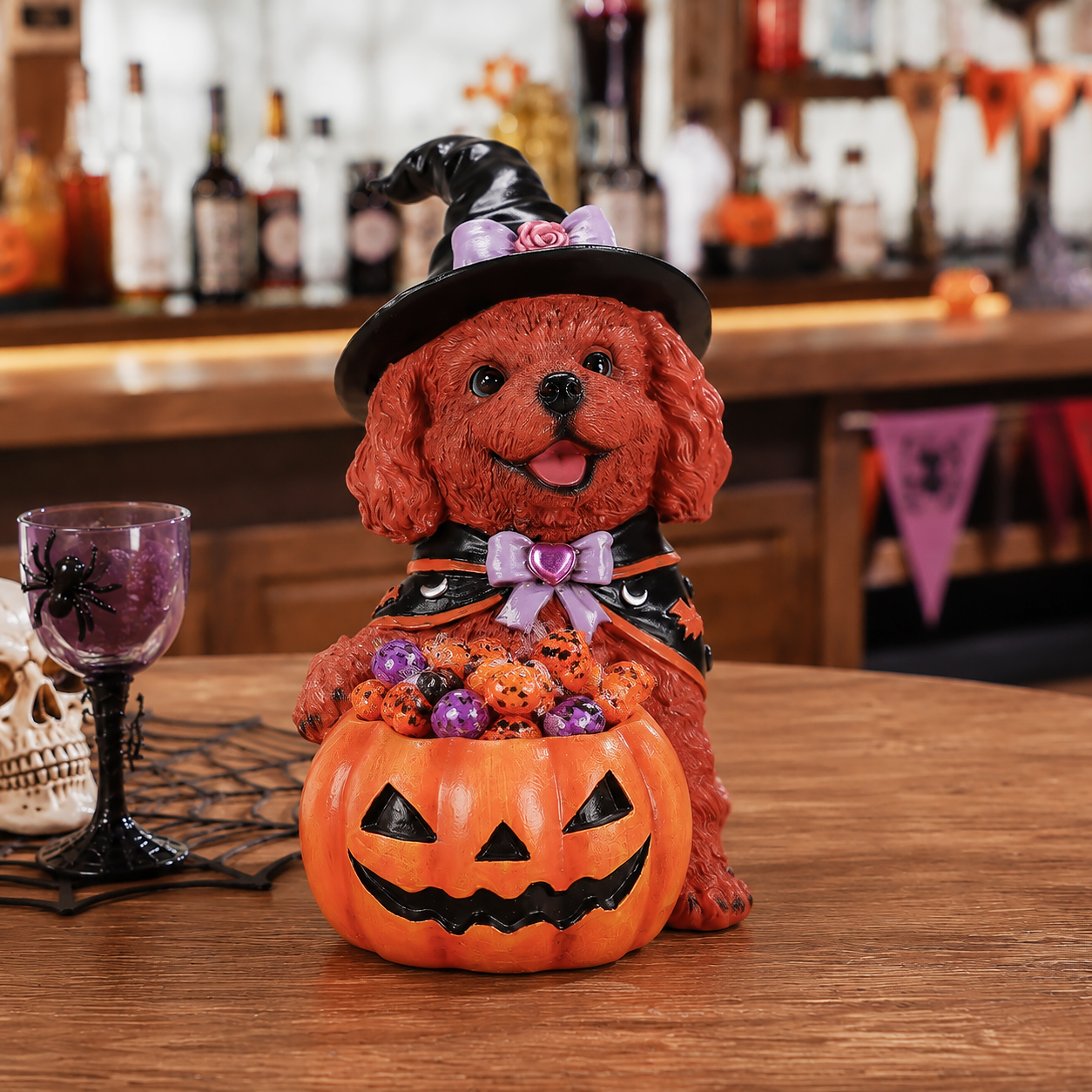 Halloween Puppy Witch Figurine With Pumpkin Bowl image 6