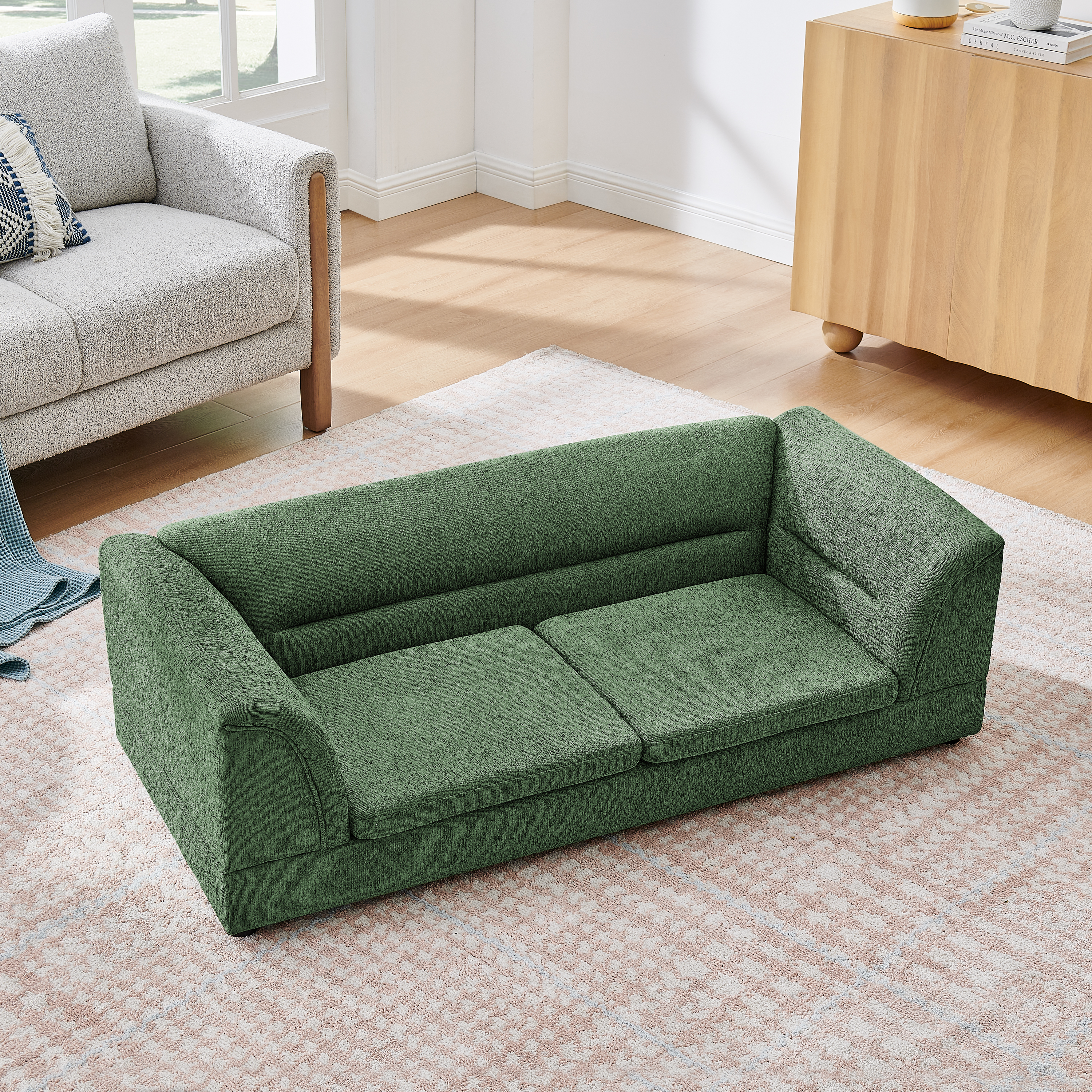 Oversized Pet Sofa, Curved Armrest Rectangular Dog Sofa, Linen Fabric Comfort Pet Couch for Large & Oversized Dogs-Olive Green image 5