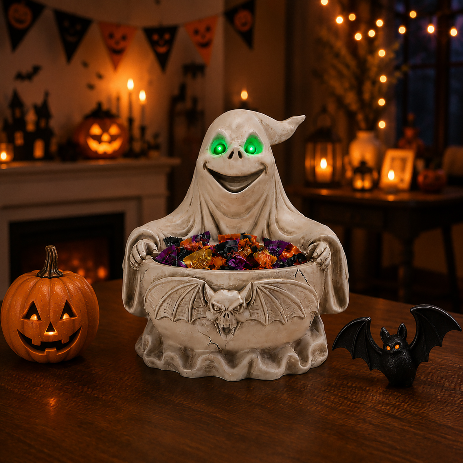 Halloween Ghost Storage Bowl Figurine, Spooky Candy Dish with LED Light for Halloween Party image 4