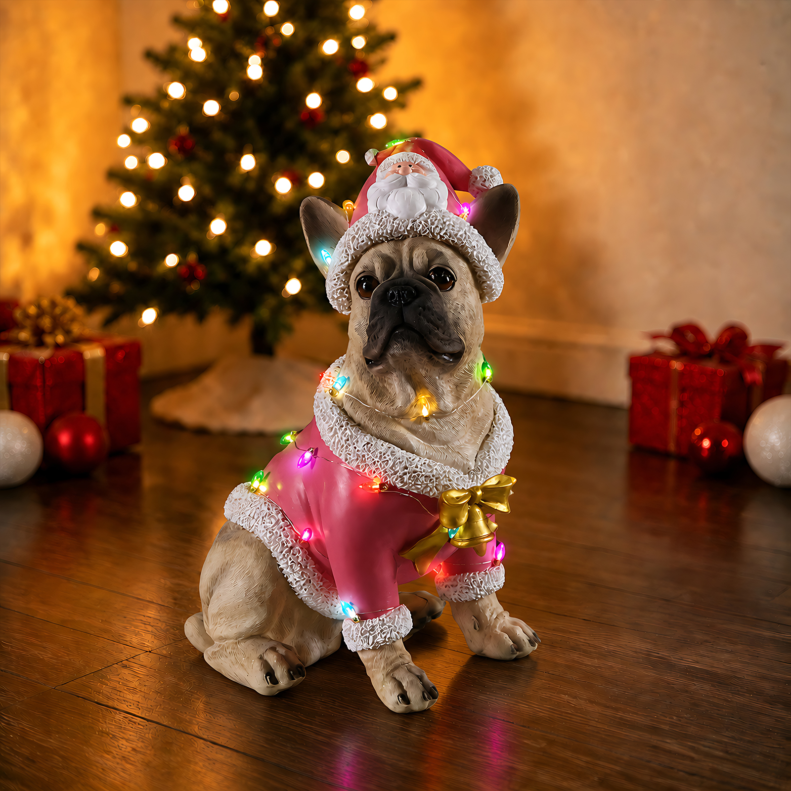 Christmas French Bulldog Statue,  Holiday Dog Figurine in Pink Santa Outfit, Festive Christmas Home Décor image 10