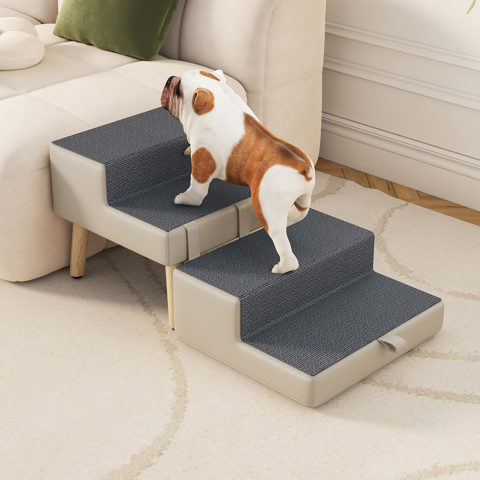 4-Step Ottoman Dog Stairs, 2-in-1 Foldable Pet Ramp for Bed,  Dog Ramp for Small Puppy and Cats, Sturdy Wood Frame Support with Non-slip walking surface, Holds Up To 220lbs ( Light Grey Color ) image 4