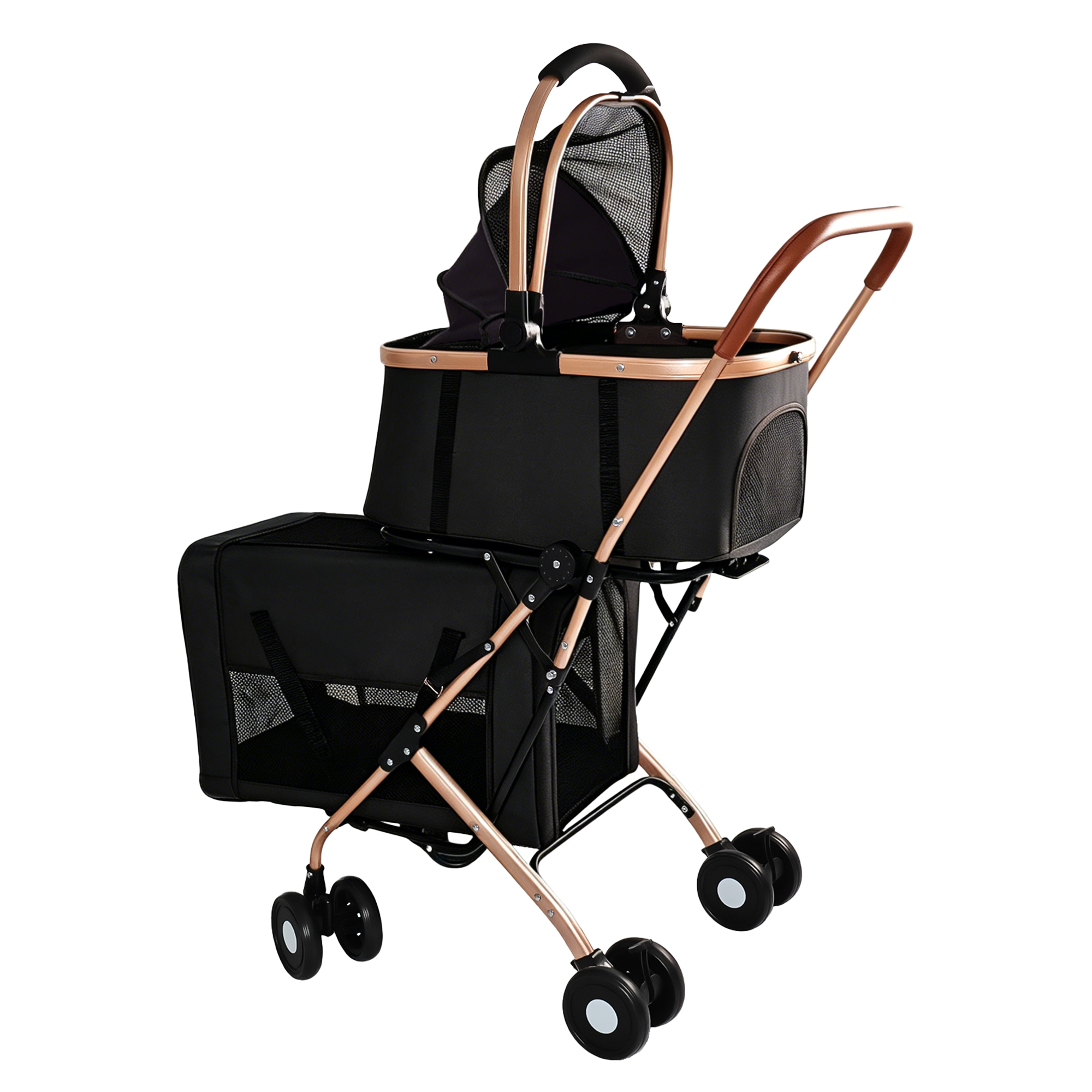 3-in-1 Double Pet Stroller For Small Medium Dogs Cats, Foldable Frame Convertible Pet Carrier Tote, Shockproof Wheels With Brake System, Dual Fixed Safety Leashes For Multi-Pet Households image 7