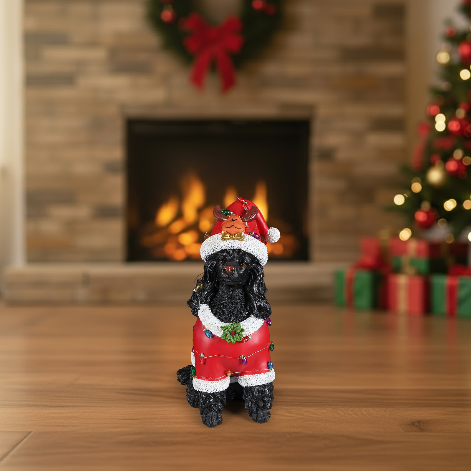 Christmas Black Poodle Statue, Holiday Dog Figurine in Red Santa Outfit image 7