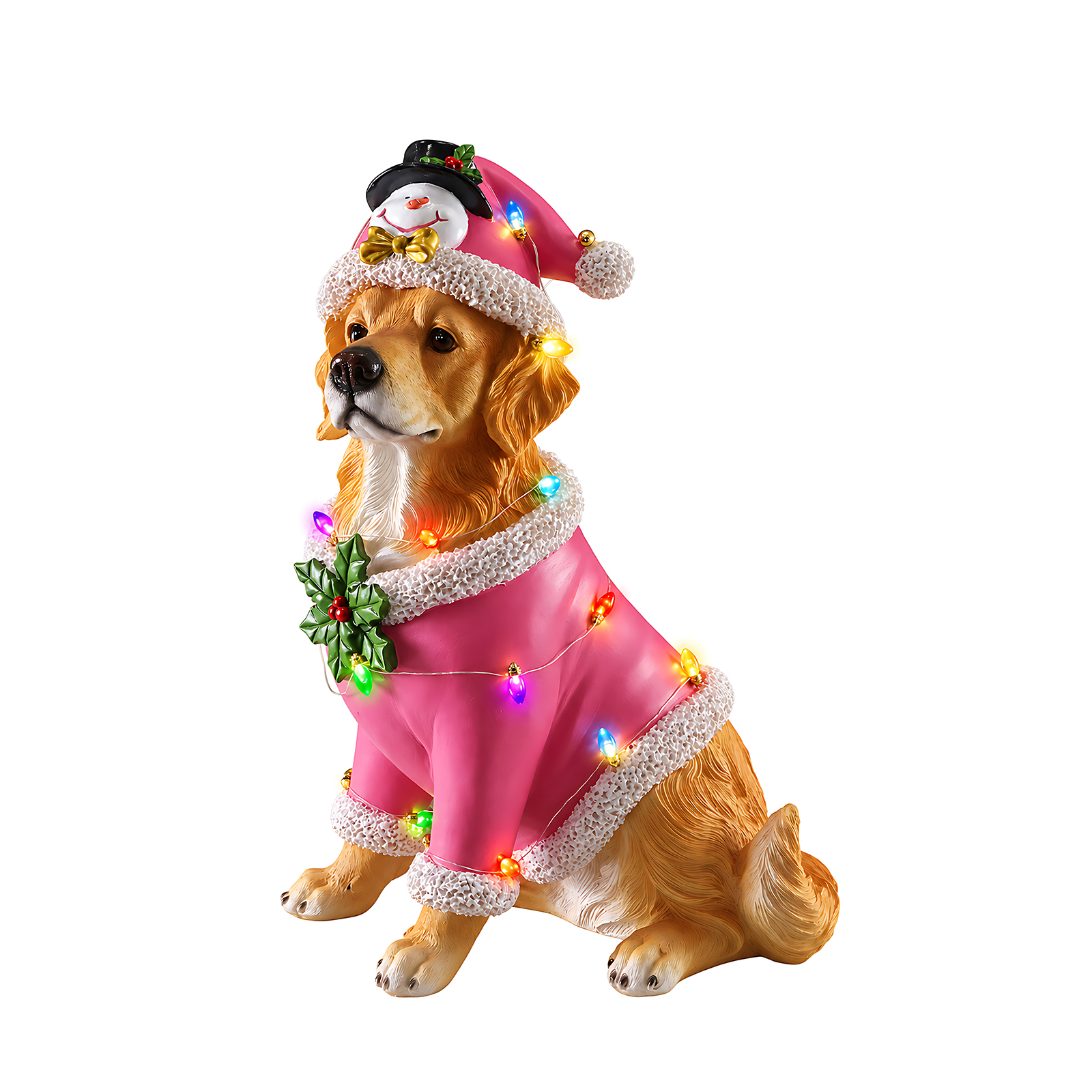Christmas Golden Retriever Statue, Holiday Dog Figurine in Pink Santa Outfit image 4