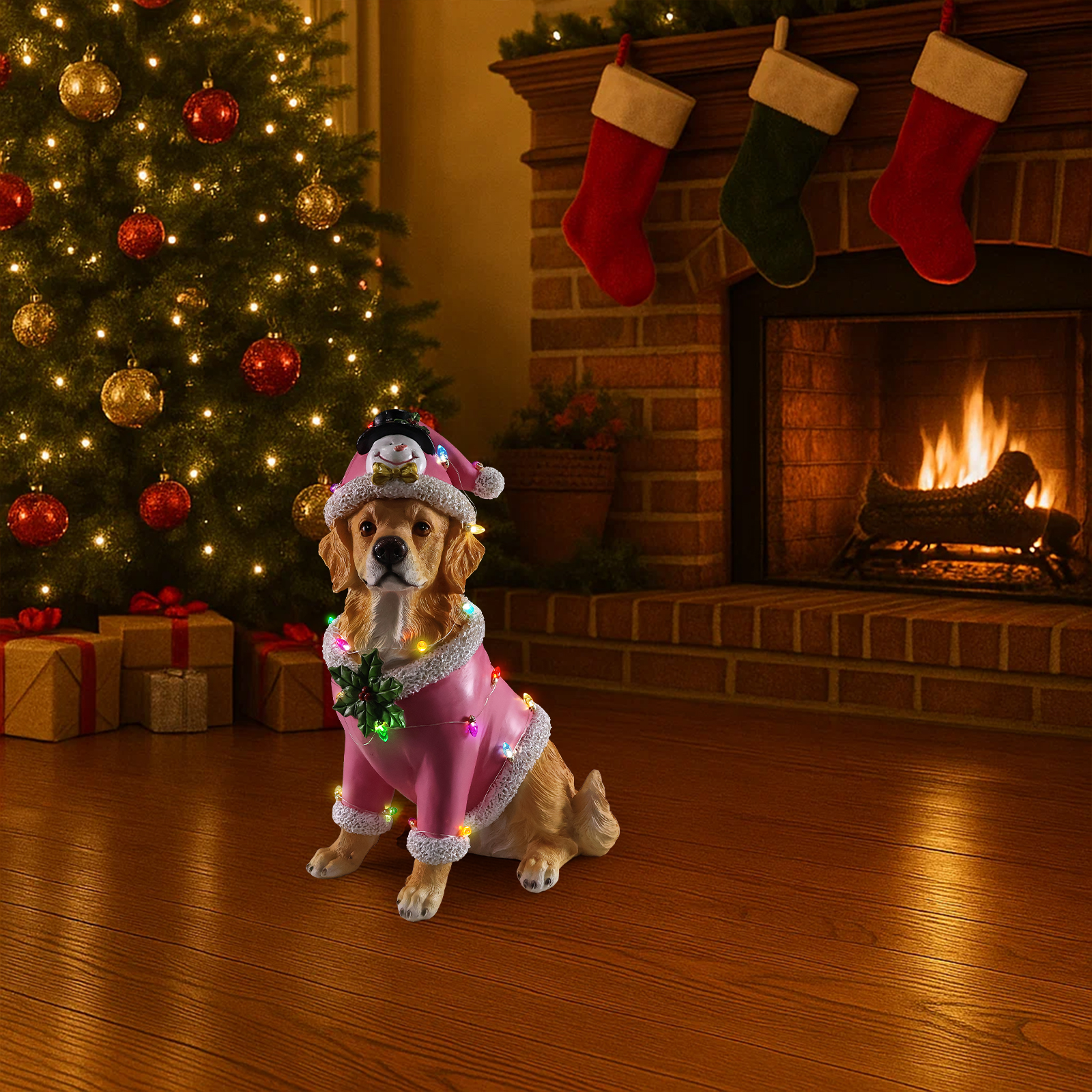 Christmas Golden Retriever Statue, Holiday Dog Figurine in Pink Santa Outfit image 13