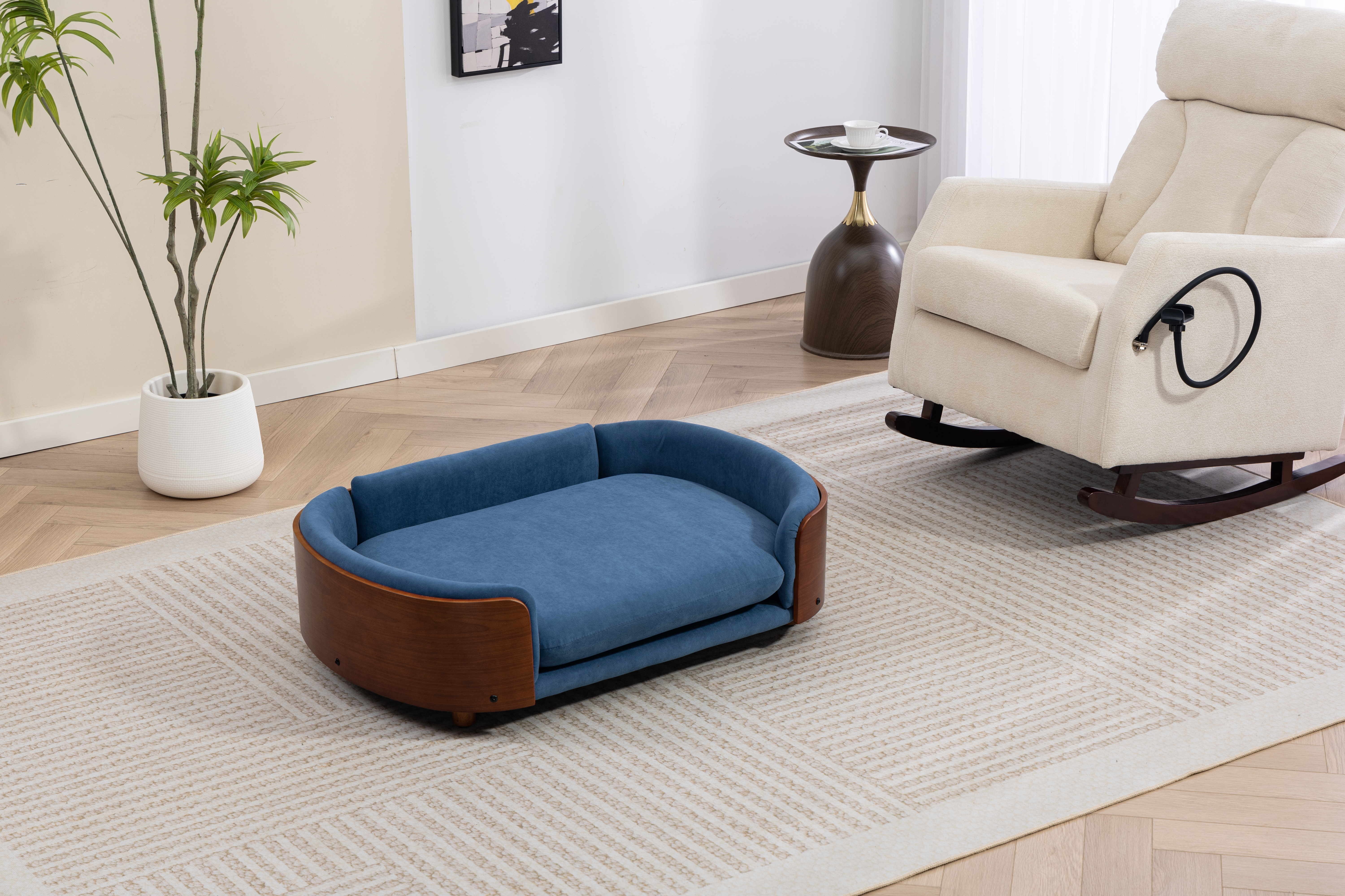 Scandinavian style Elevated Dog Bed Pet Sofa With Solid Wood legs and Walnut Bent Wood Back, Velvet Cushion,Large Size image 10