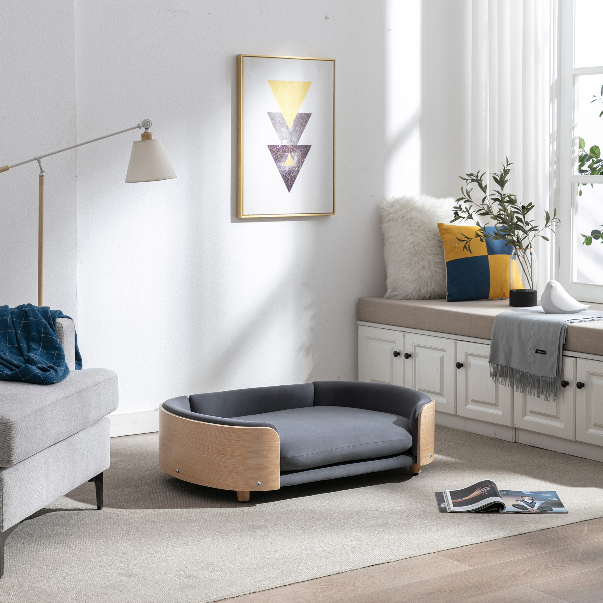 Scandinavian style Elevated Dog Bed Pet Sofa With Solid Wood legs and Bent Wood Back, Velvet Cushion,Large Size image 13