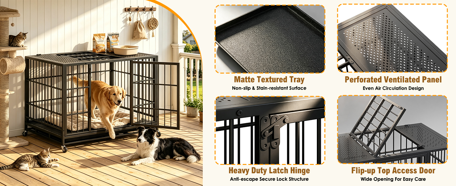 Heavy Duty Dog Crate , Mobile Pet Kennel with Lockable Wheels & Rotary Twist-Latch, Indoor Outdoor Metal Cage with Perforated Top