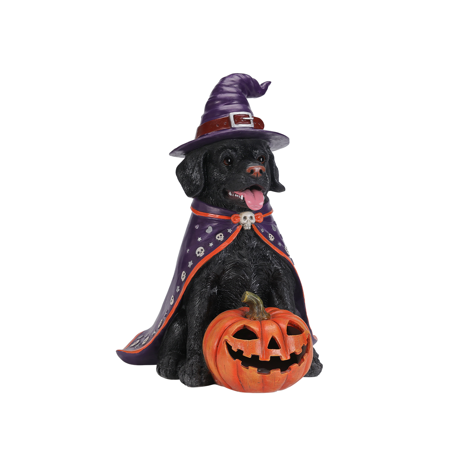 Halloween Black Labrador Retriever Dog Statue, Large Sitting Dog Figurine with Witch Hat & Cape, LED Light Up Jack-O-Lantern Pumpkin image 5