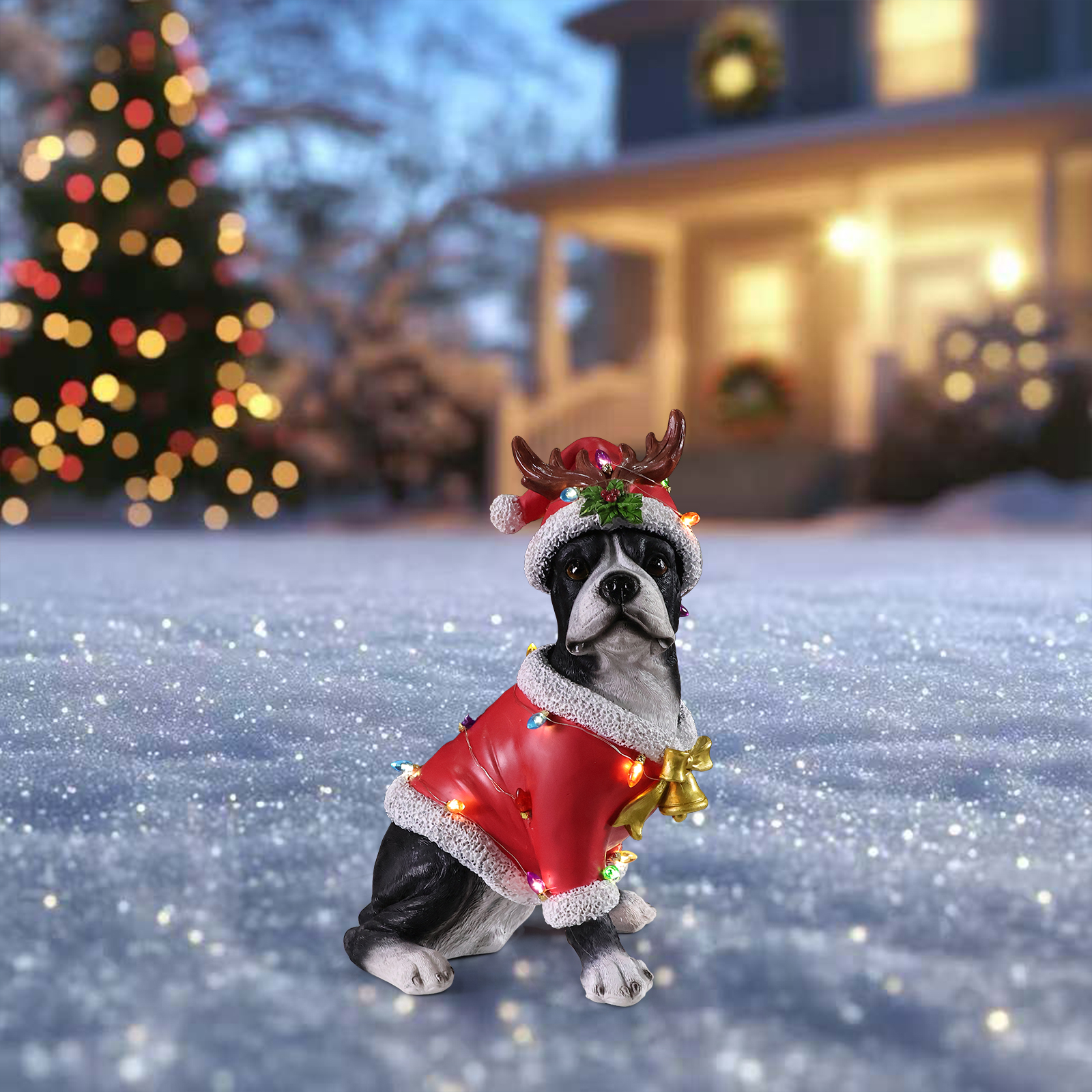 Christmas Boston Terrier Statue, Holiday Dog Figurine in Santa Outfit image 8