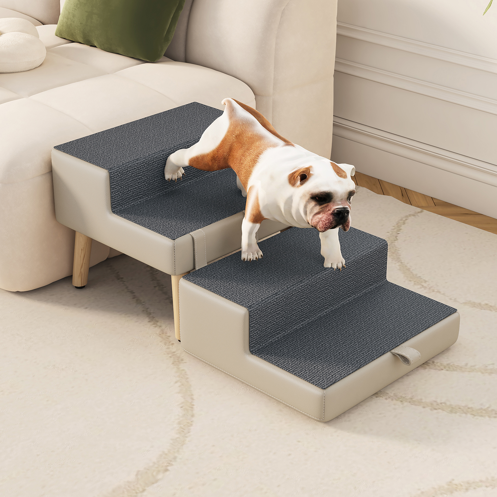 4-Step Ottoman Dog Stairs, 2-in-1 Foldable Pet Ramp for Bed,  Dog Ramp for Small Puppy and Cats, Sturdy Wood Frame Support with Non-slip walking surface, Holds Up To 220lbs ( Light Grey Color ) image 12