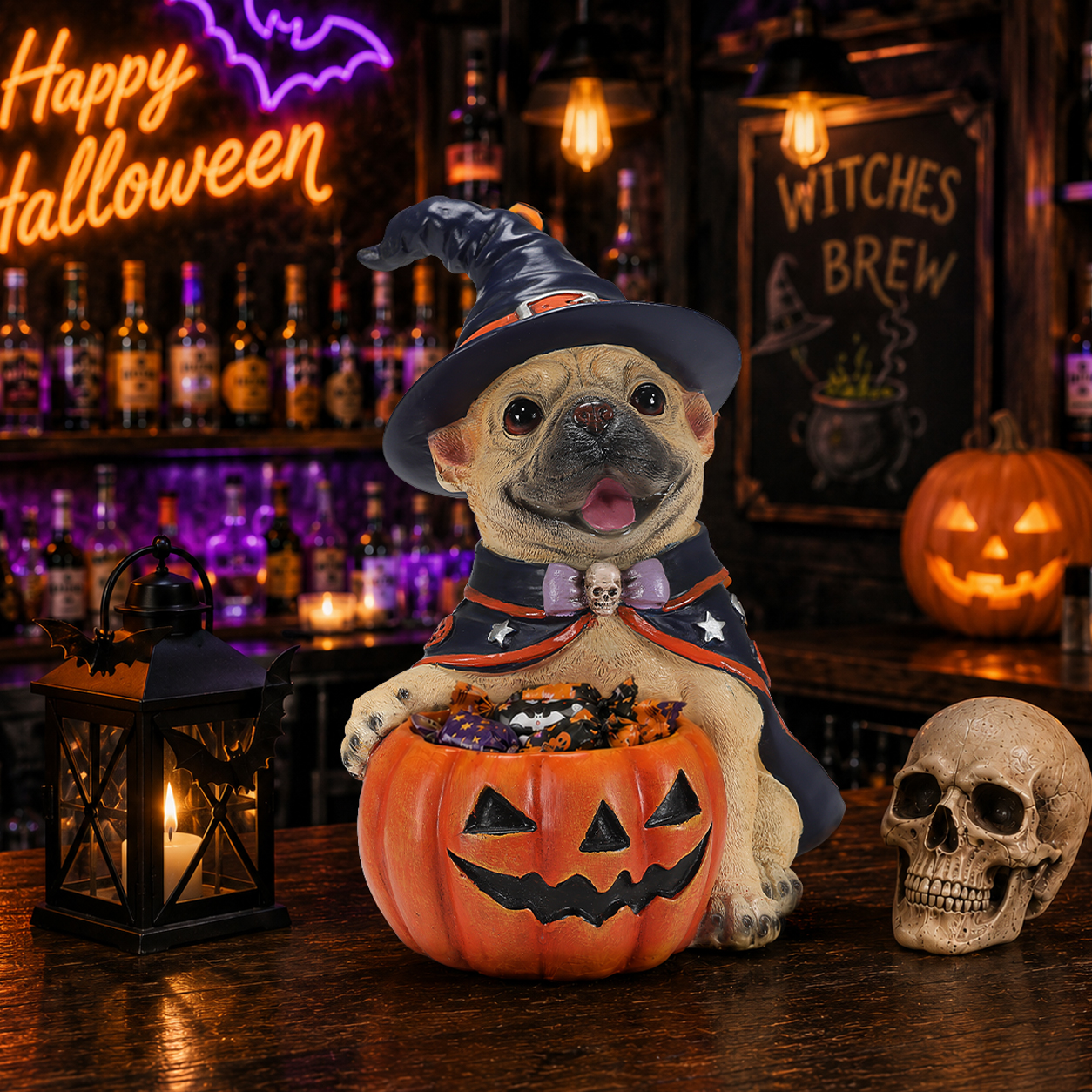 Halloween Frenchie Witch Puppy Figurine, Cute Dog Holding Pumpkin Candy Bowl Decoration image 19