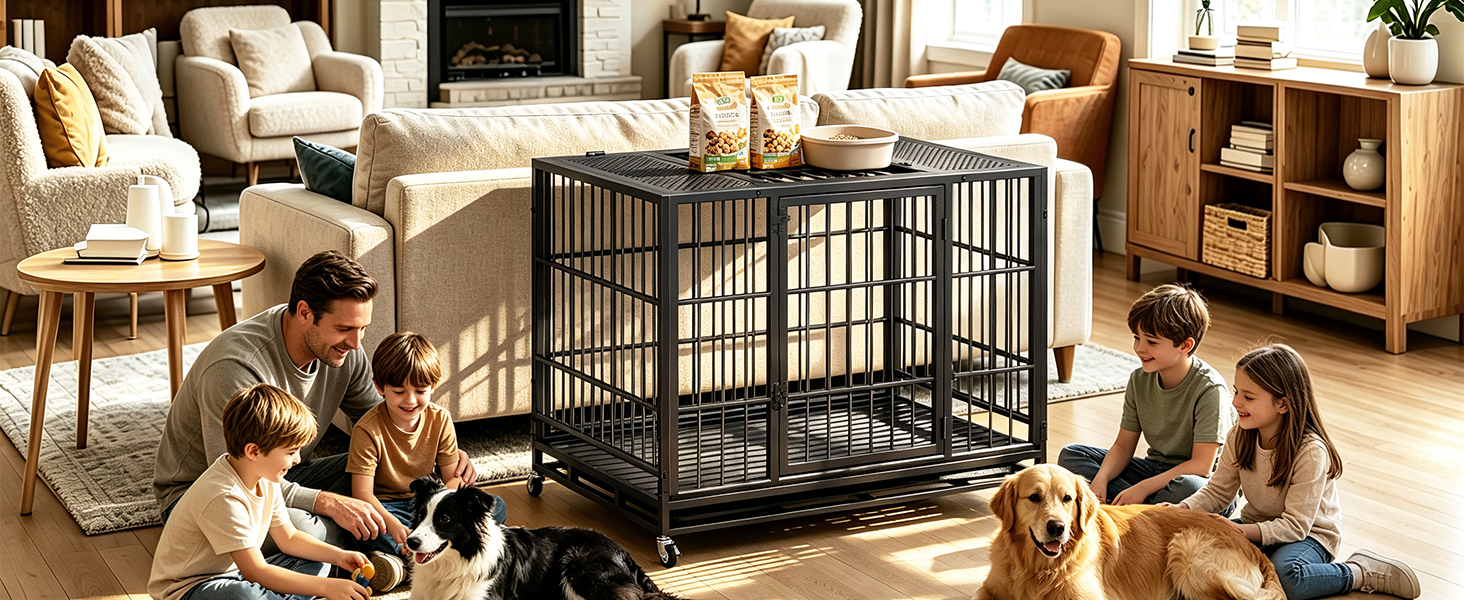 Heavy Duty Dog Crate , Mobile Pet Kennel with Lockable Wheels & Rotary Twist-Latch, Indoor Outdoor Metal Cage with Perforated Top image 8