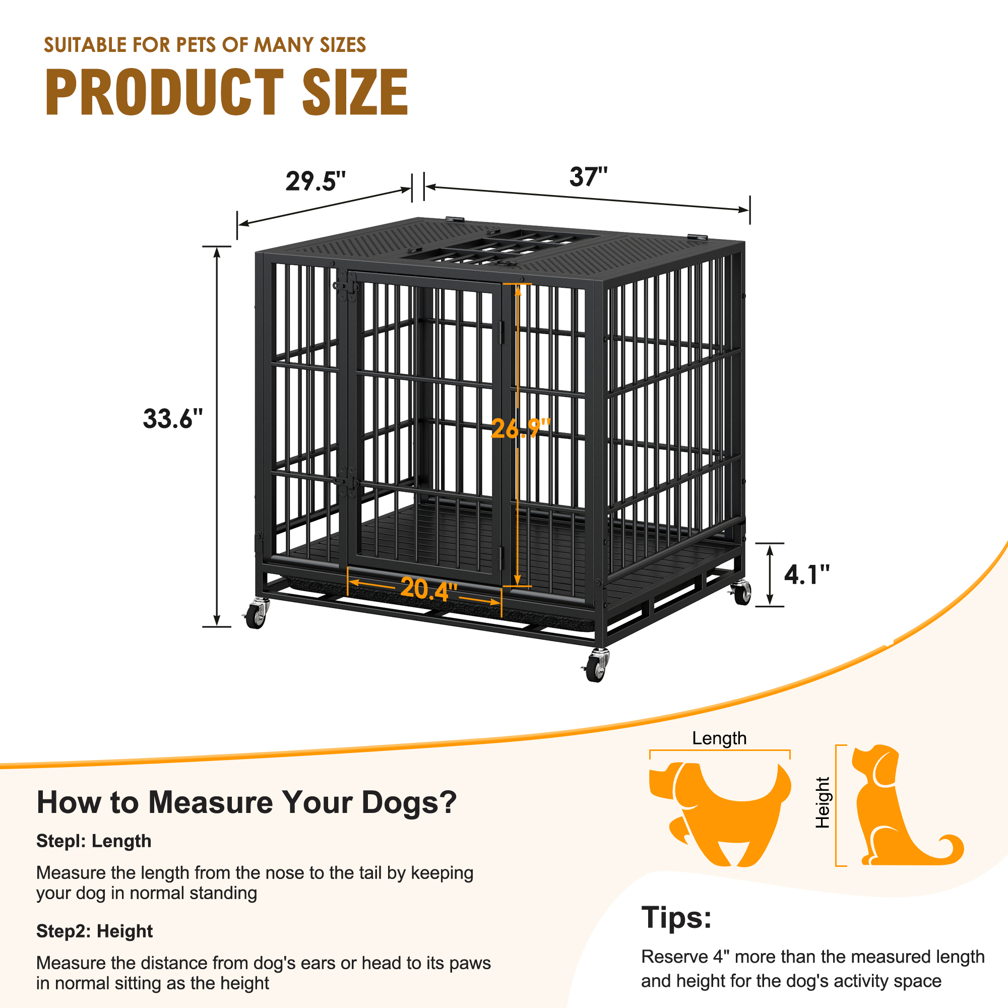 Heavy Duty Dog Crate , Mobile Pet Kennel with Lockable Wheels & Rotary Twist-Latch, Indoor Outdoor Metal Cage with Perforated Top image 14