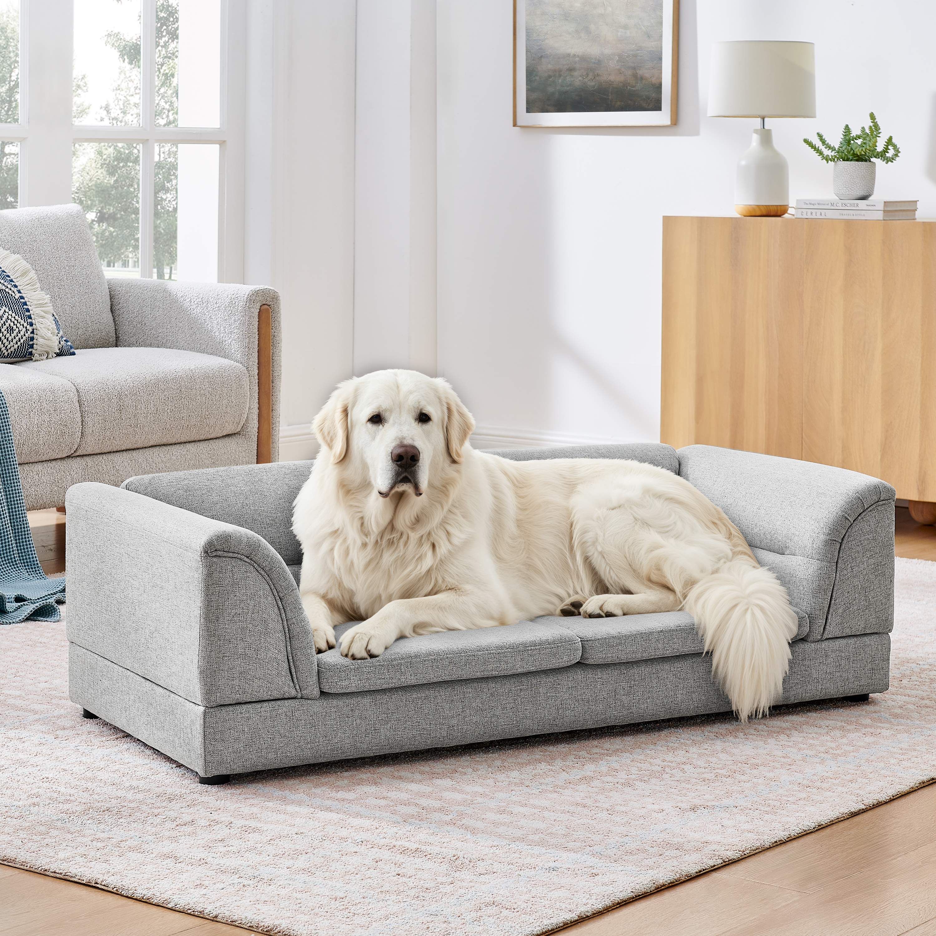 Oversized Pet Sofa, Curved Armrest Rectangular Dog Sofa, Linen Fabric Comfort Pet Couch for Large & Oversized Dogs-LIGHT GREYX image 11