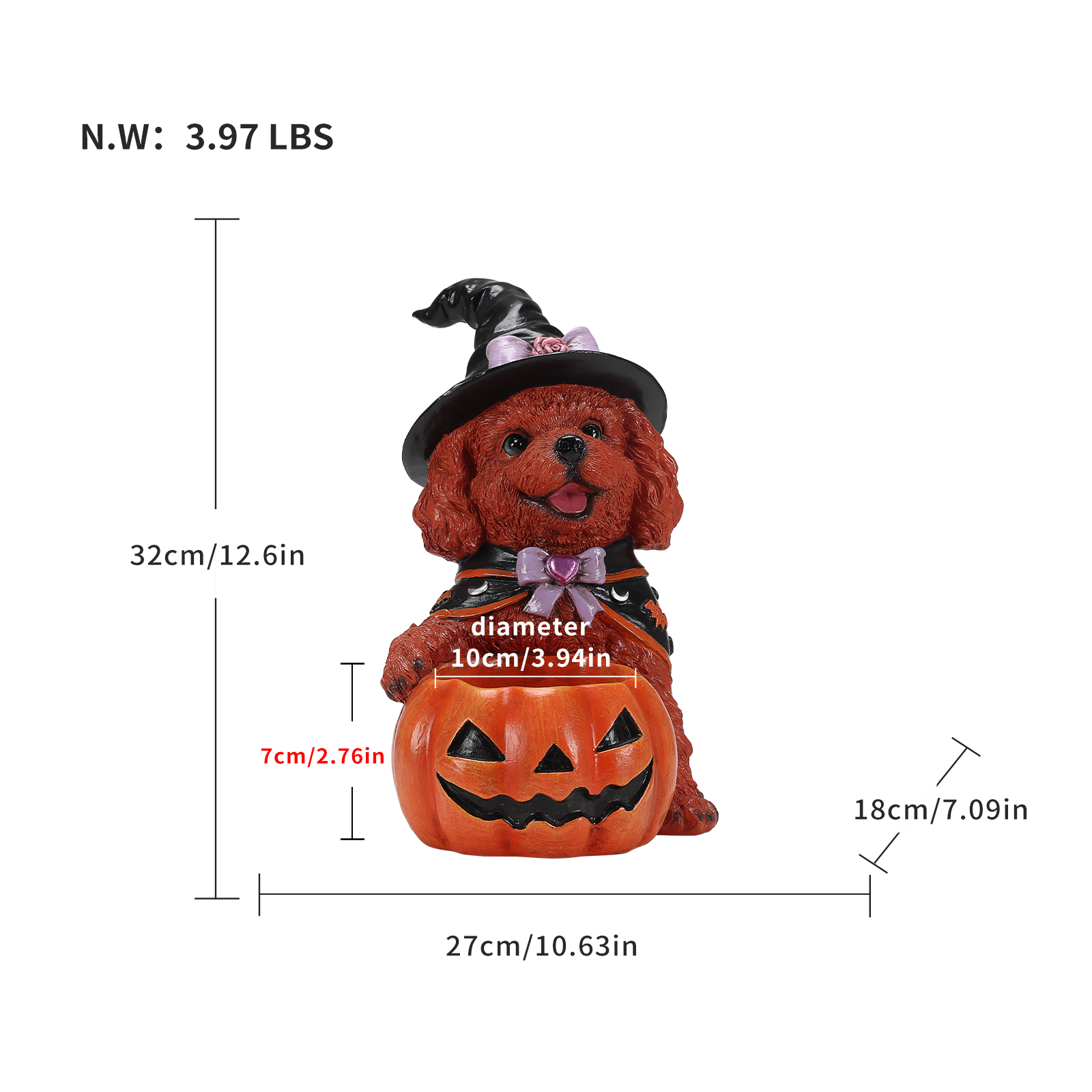 Halloween Puppy Witch Figurine With Pumpkin Bowl