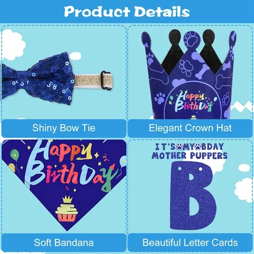 Dog Birthday Party Supplies, Boy Dog Birthday Bandana Set with Cute Dog Bowtie, Scarf, Birthday Banner  Balloons and Hat with Numbers for Medium and Extra Large Dogs Pets(Blue) image 3
