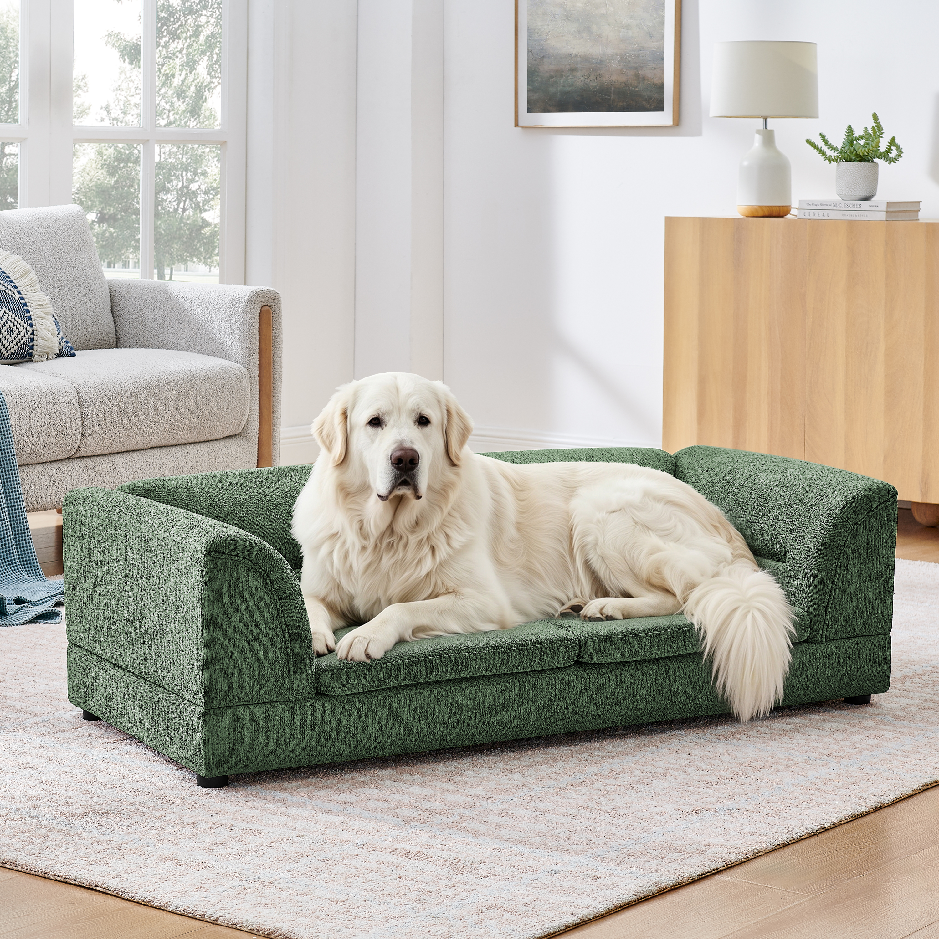 Oversized Pet Sofa, Curved Armrest Rectangular Dog Sofa, Linen Fabric Comfort Pet Couch for Large & Oversized Dogs-Olive Green image 11